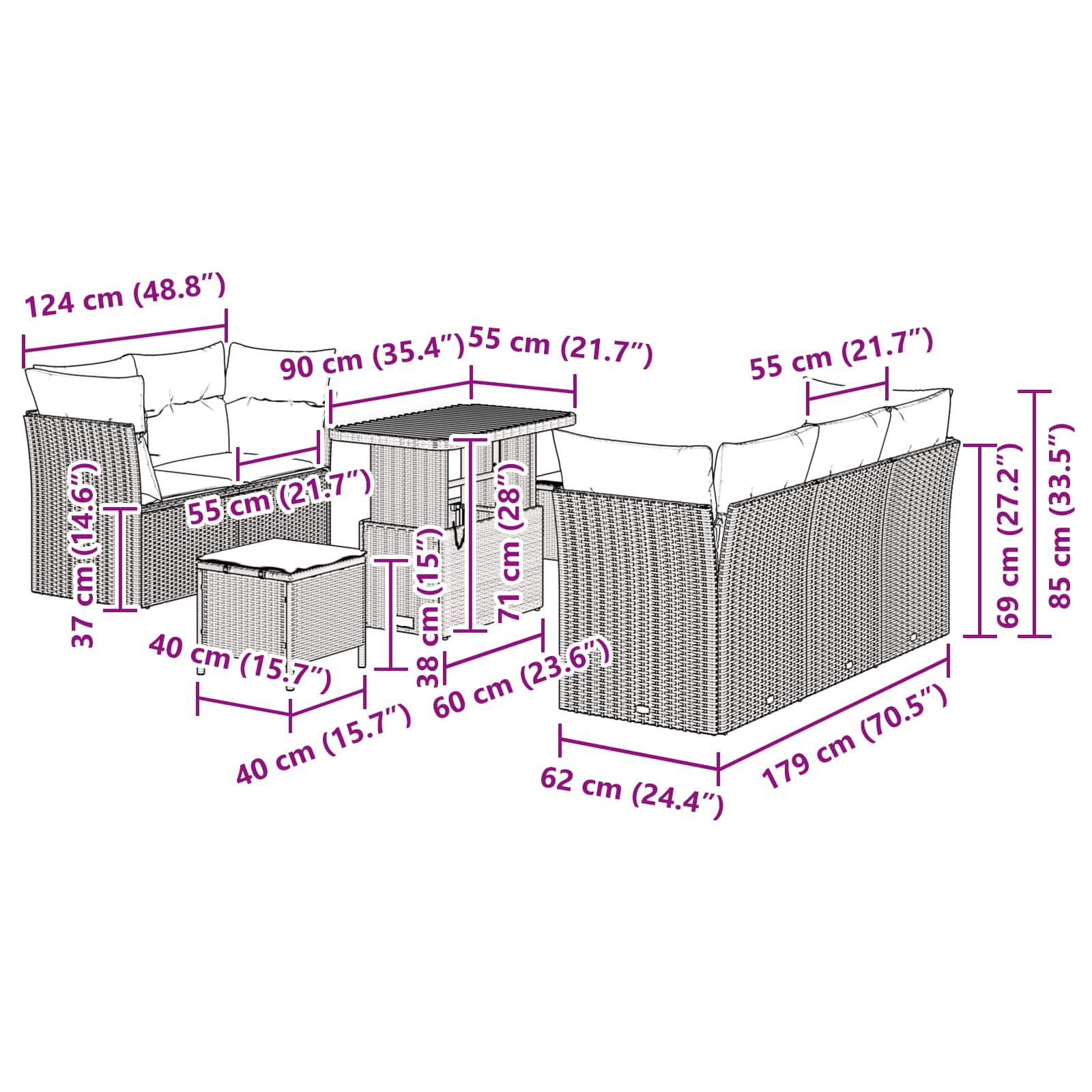 Gartensofa-set mit Kissen 8 pcs Schwarz Poly-Rattan