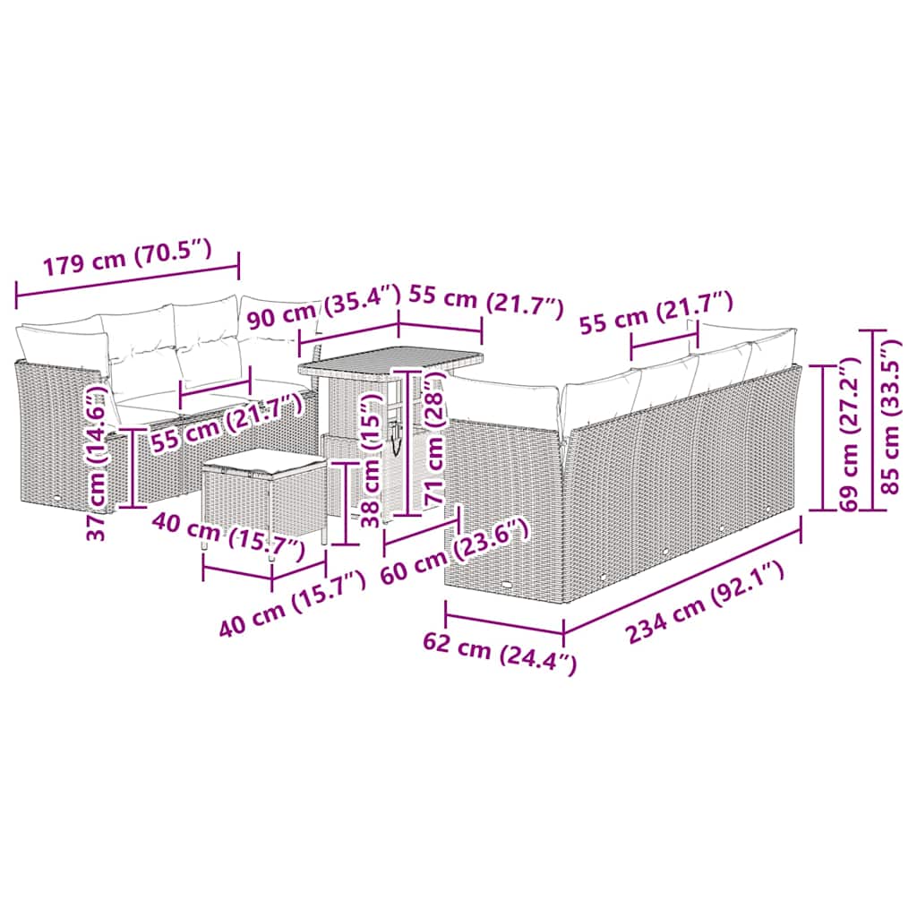 Gartensofa-set 10 pcs Grau Poly-Rattan
