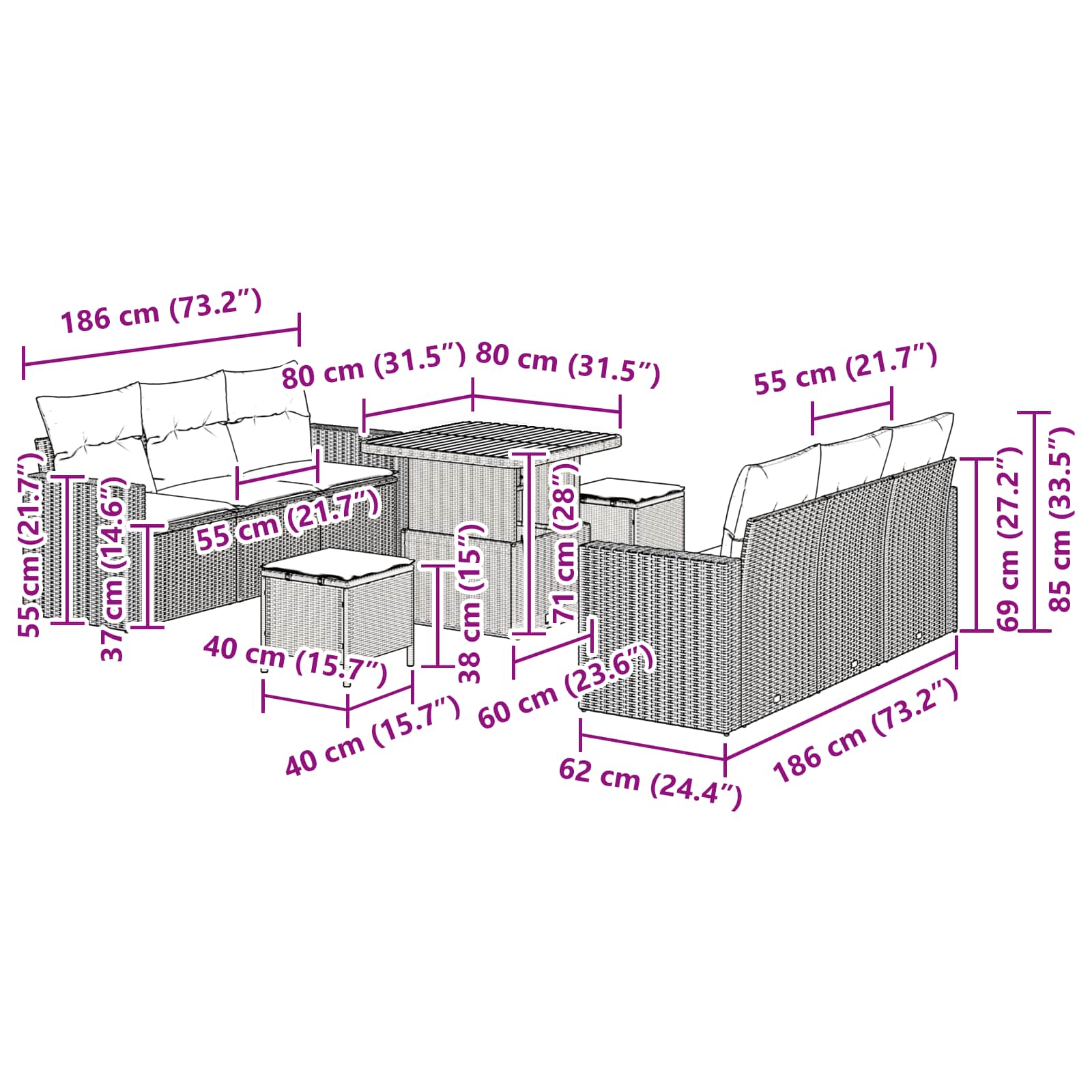 Garten-Sofa-Set 9 pcs Schwarz Poly-Rattan