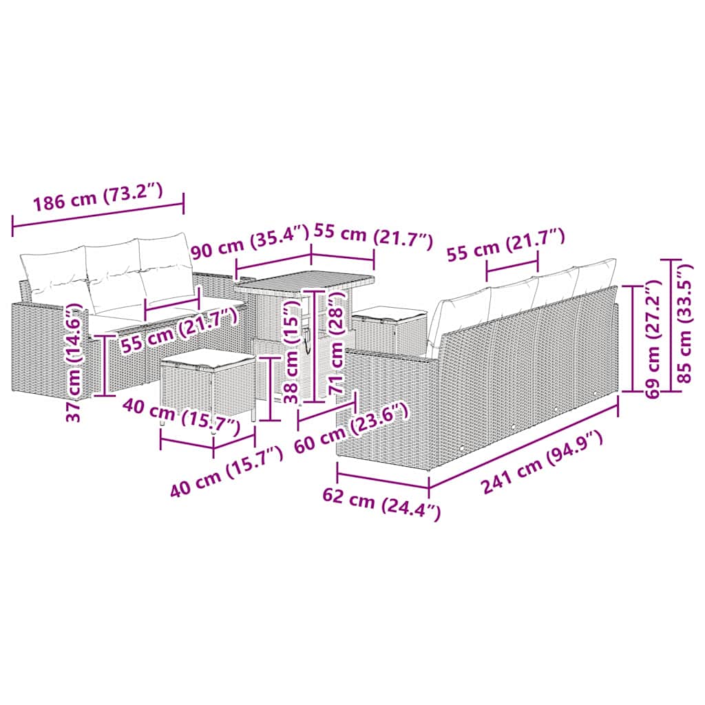 Gartensofa-set mit Kissen 10 pcs Grau Poly-Rattan