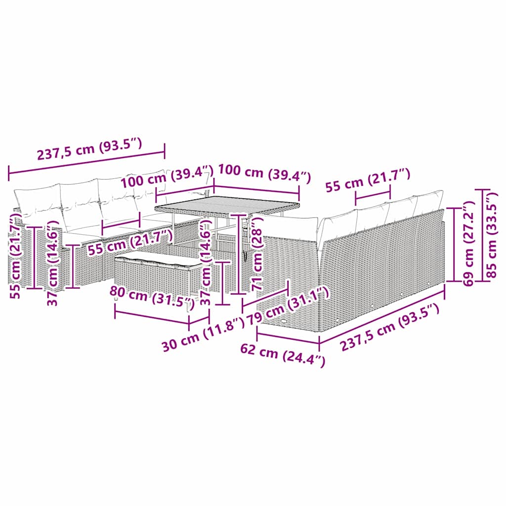 Gartensofa-set 11 pcs Grau Poly-Rattan