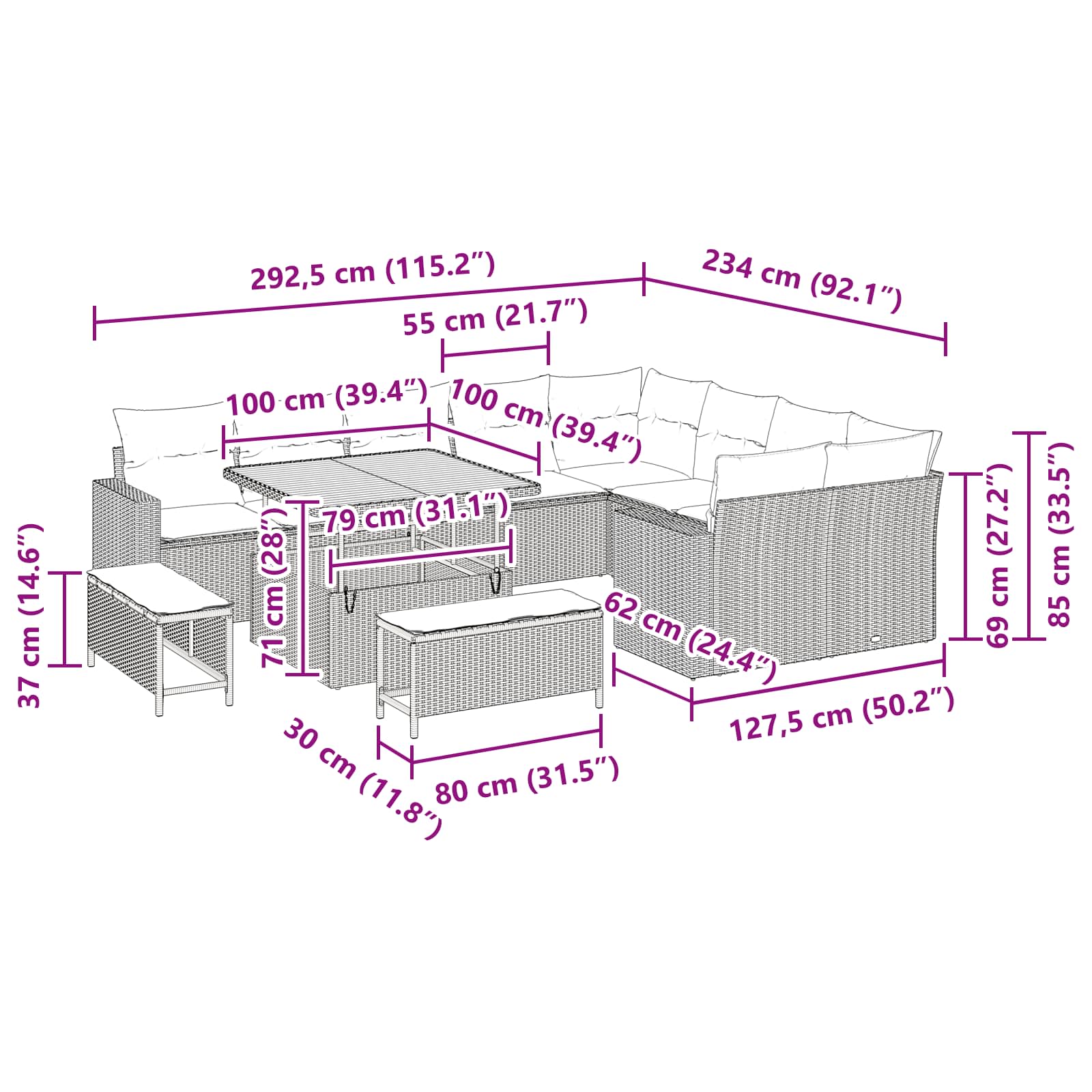 Gartensofa-set 12 pcs Schwarz Poly-Rattan