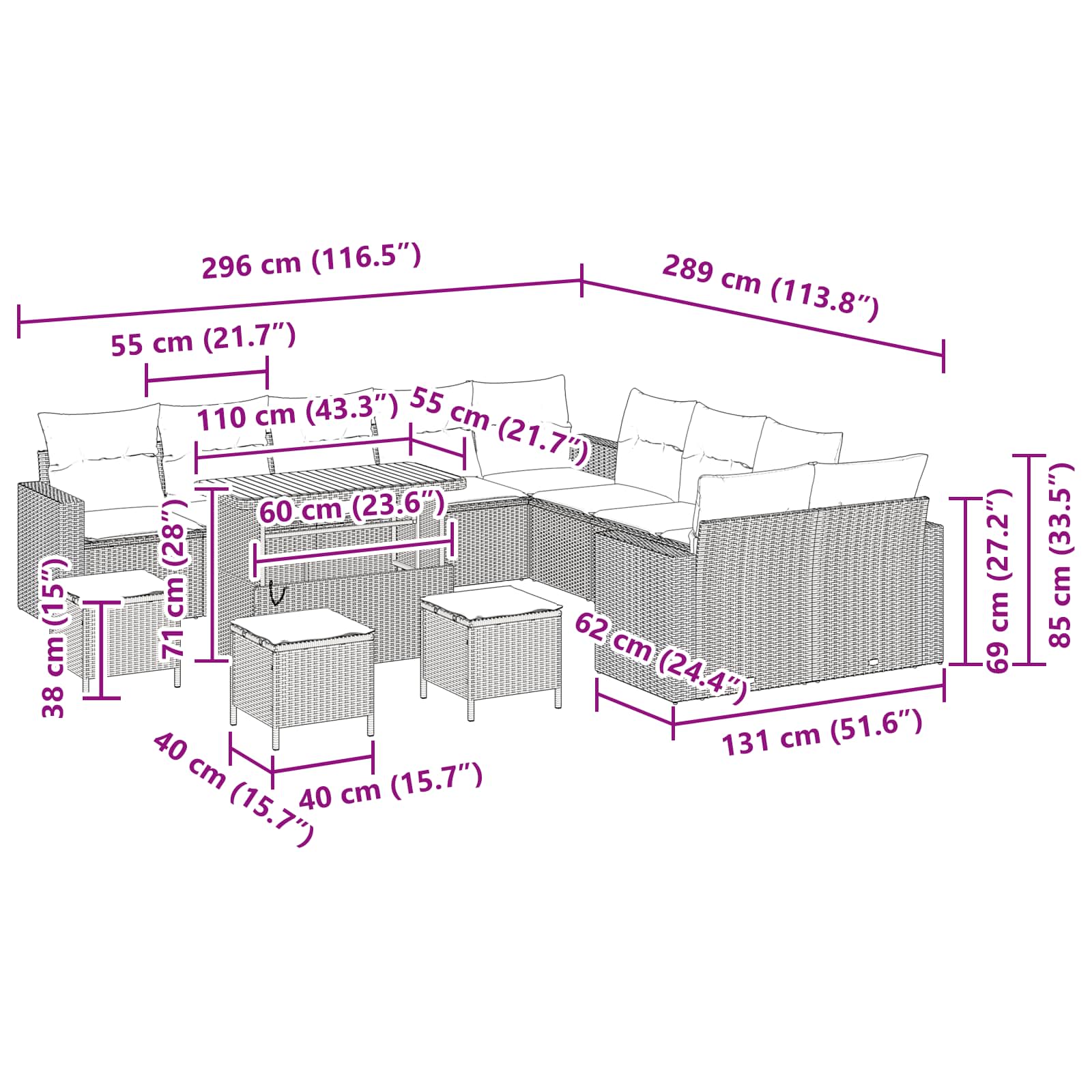 Gartensofa-set Höhenverstellbar 14 pcs Schwarz Poly-Rattan