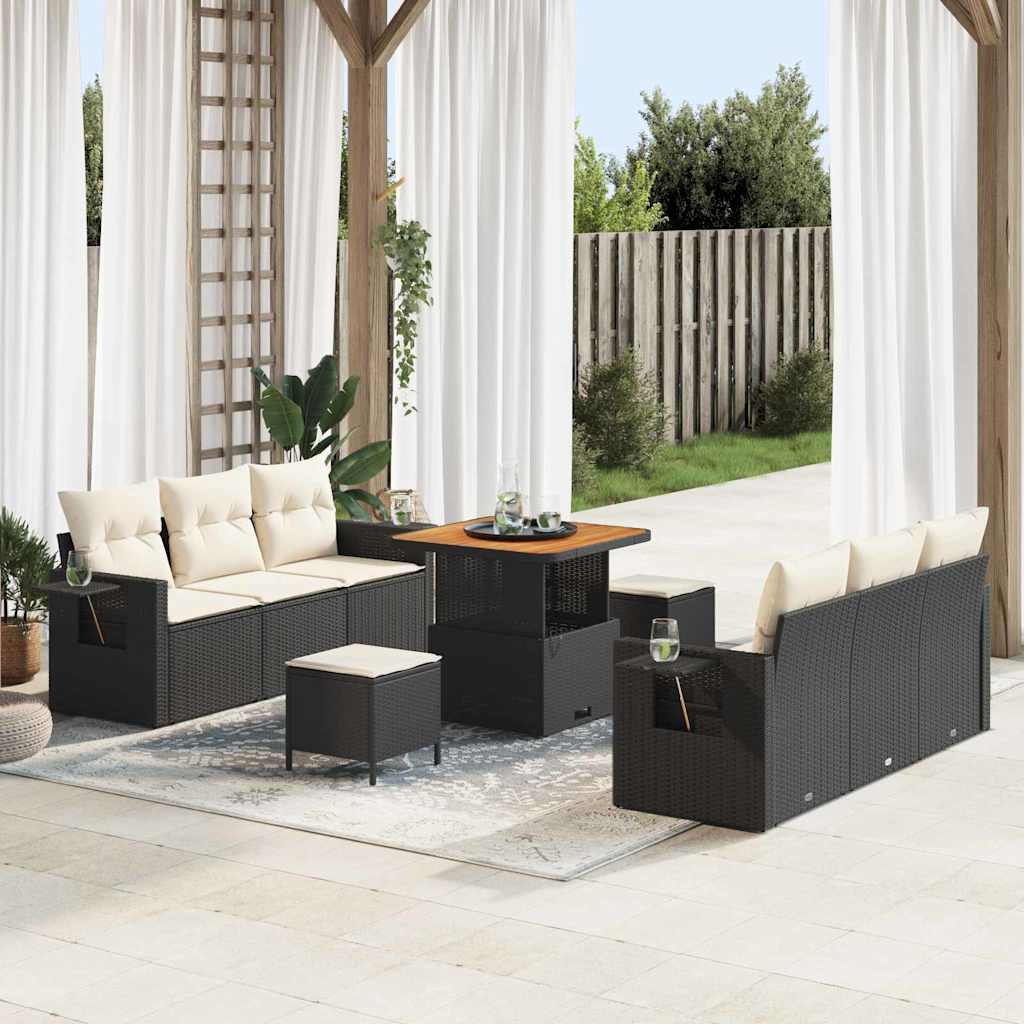 Gartensofa-set mit Kissen 9 pcs Schwarz Poly-Rattan