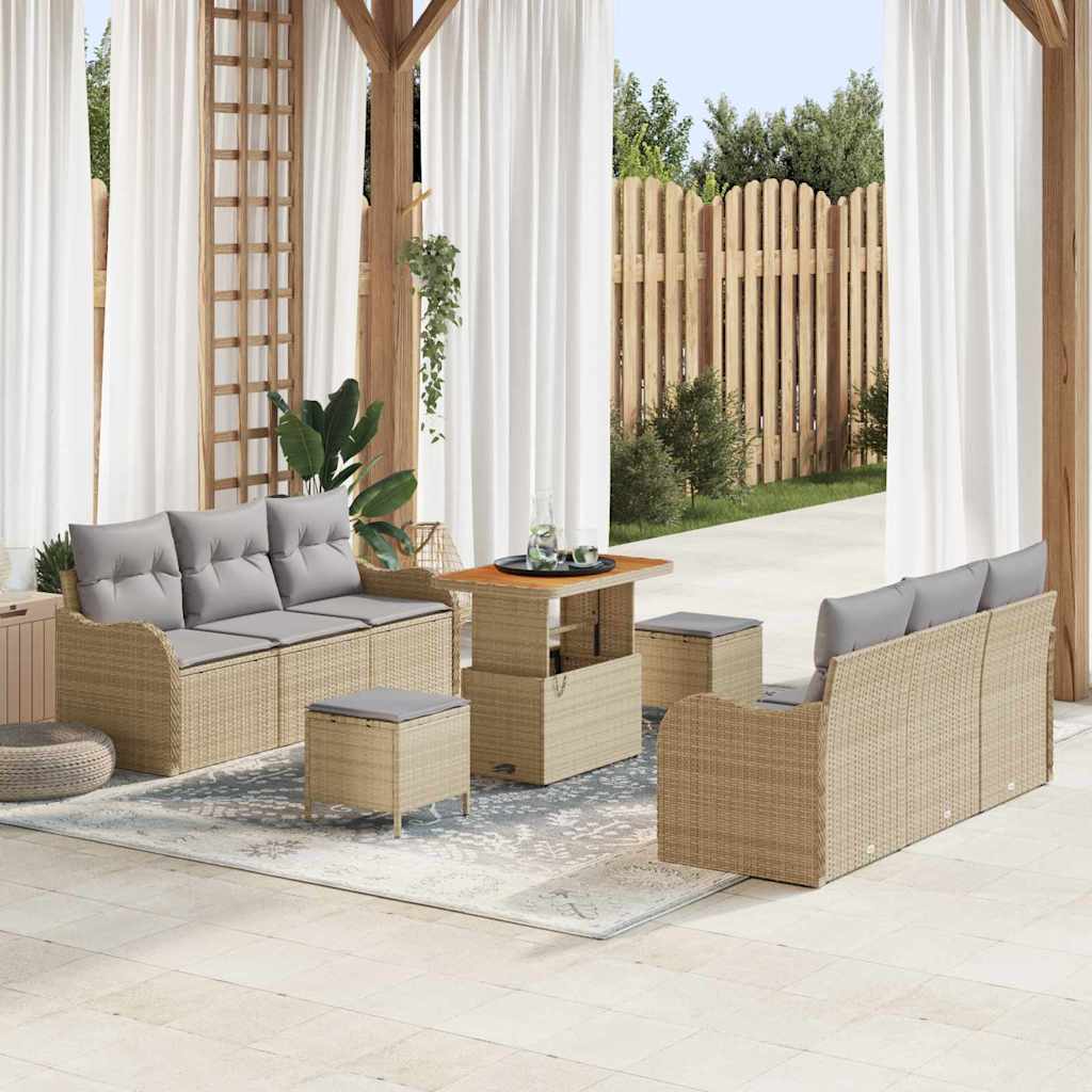Gartensofa-set mit Kissen 9 pcs Beige Poly-Rattan