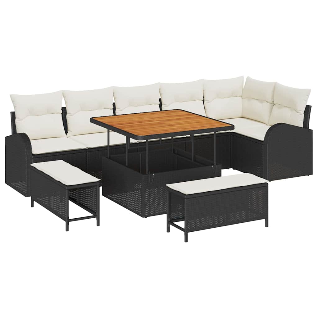 Gartensofa-set mit Kissen 9 pcs Schwarz Poly-Rattan