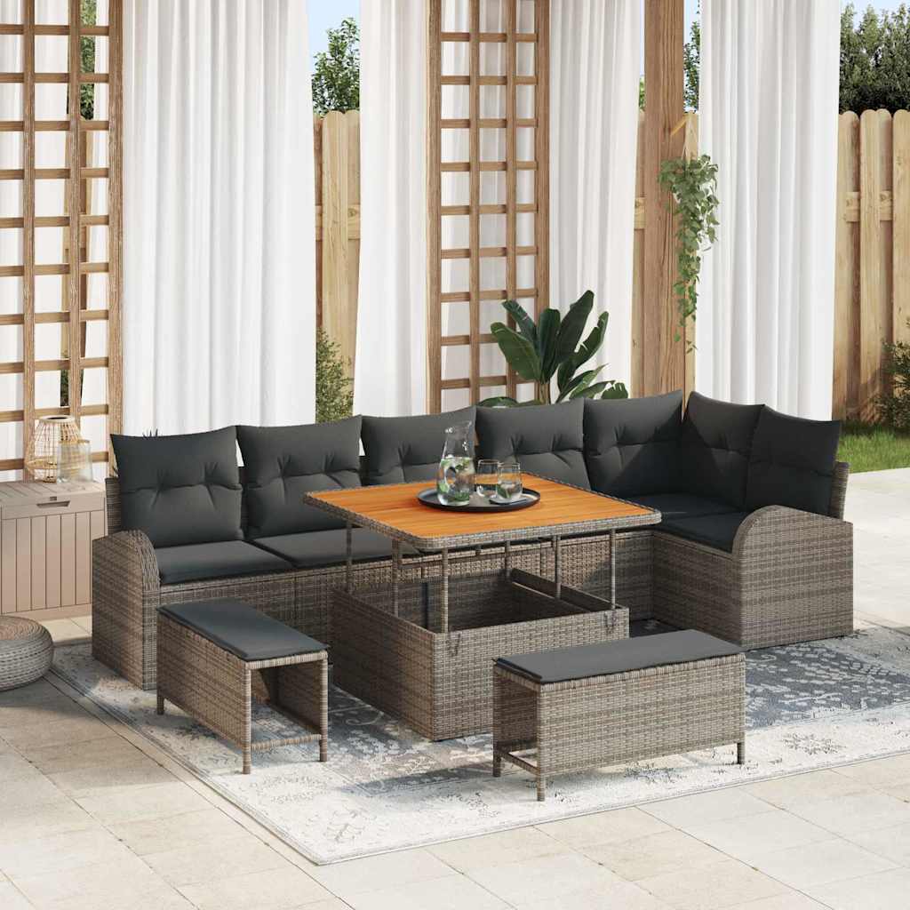 Gartensofa-set mit Kissen 9 pcs Grau Poly-Rattan
