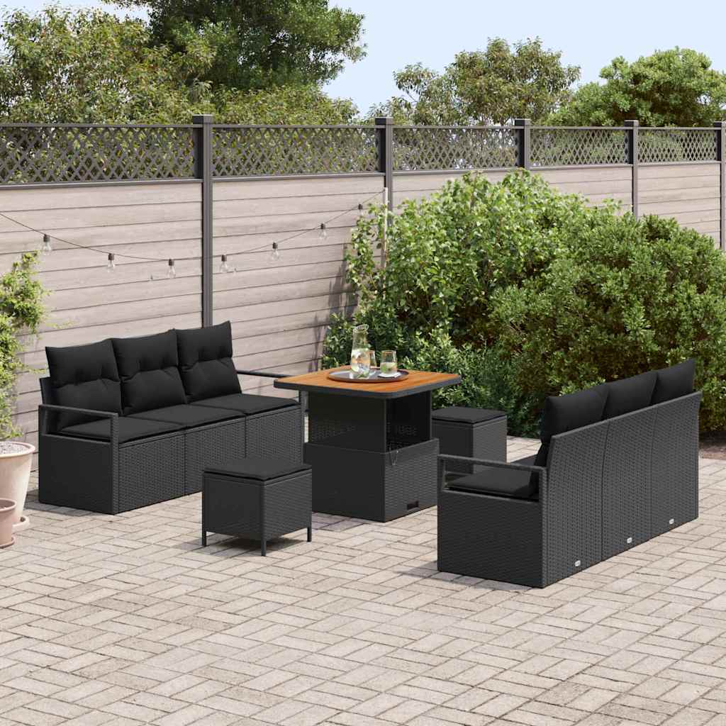 Gartensofa-set mit Kissen 9 pcs Schwarz Poly-Rattan