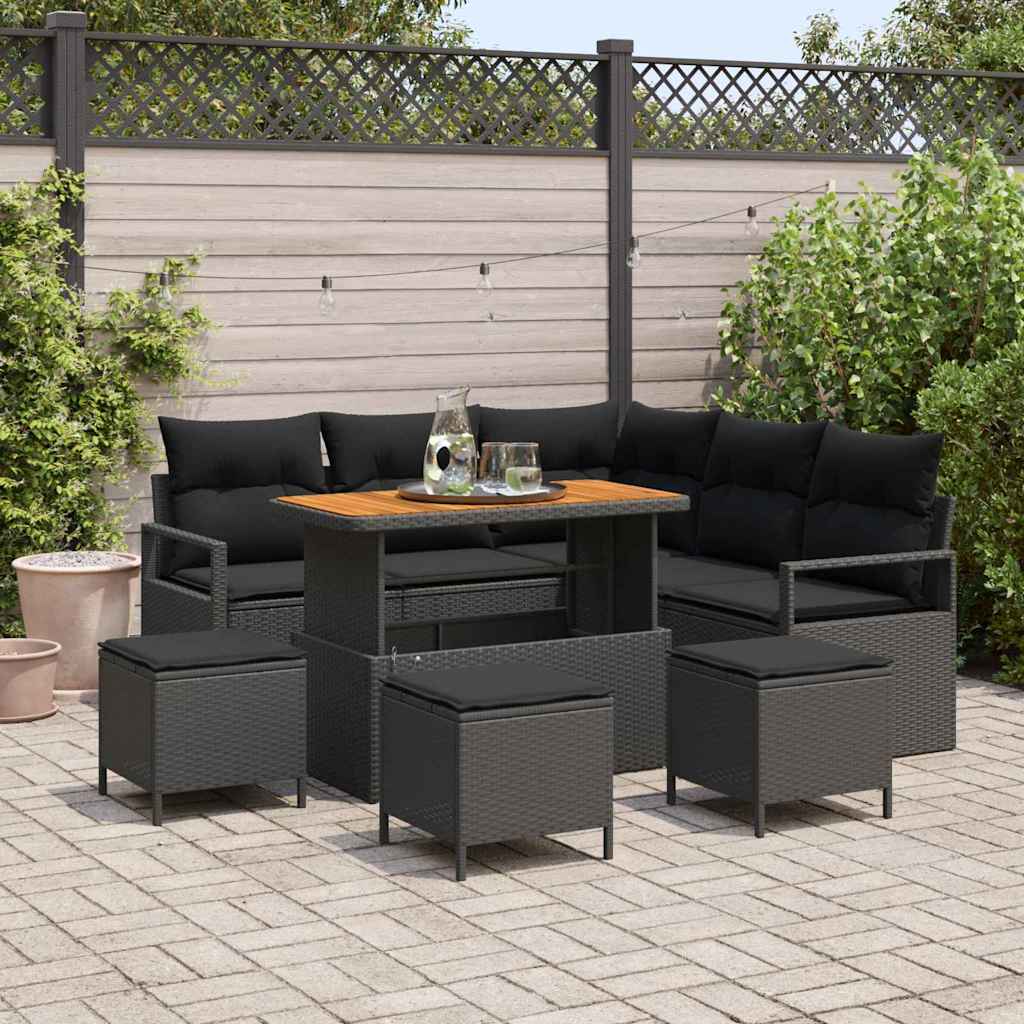 Gartensofa-set mit Kissen 9 pcs Schwarz Poly-Rattan