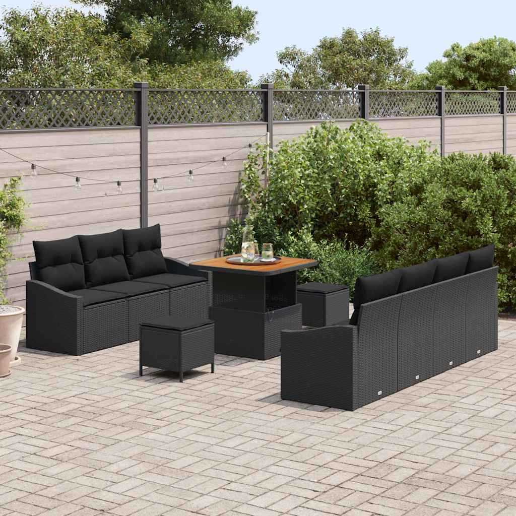 Gartensofa-set mit Kissen 10 pcs Schwarz Poly-Rattan