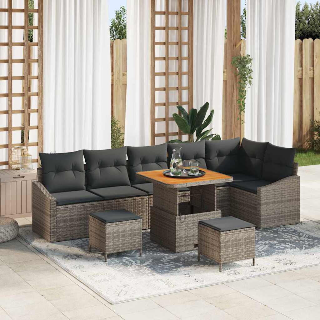 Gartensofa-set mit Kissen 9 pcs Grau Poly-Rattan