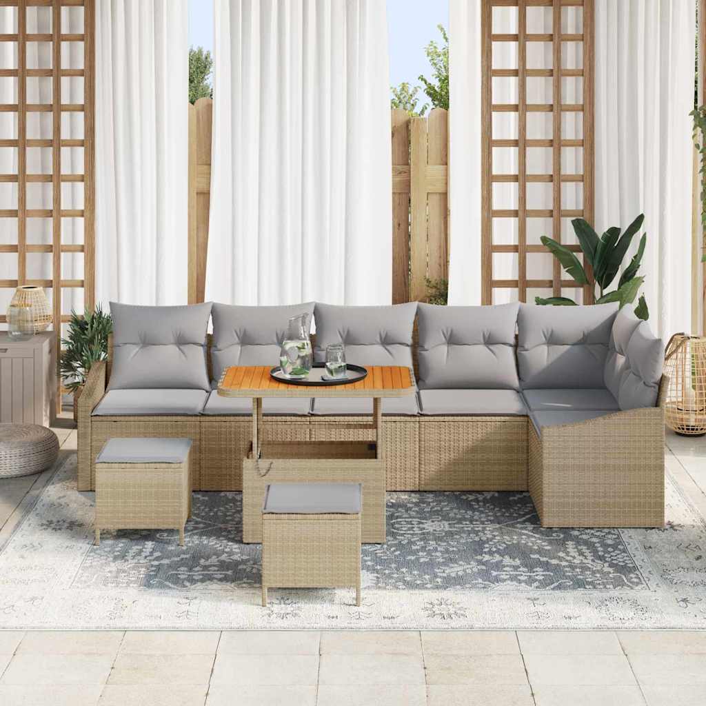 Gartensofa-set mit Kissen 9 pcs Beige Poly-Rattan