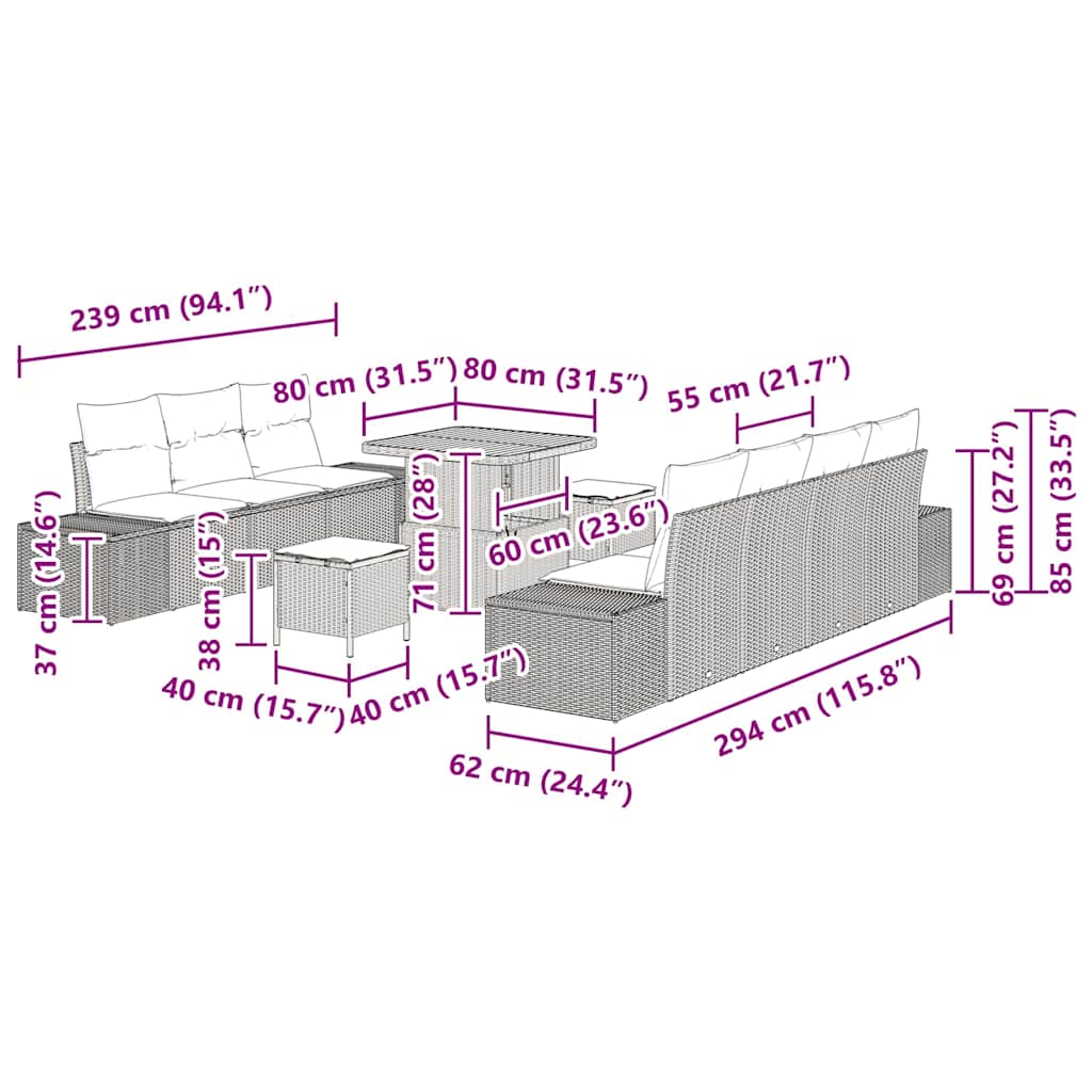 Gartensofa-set mit Kissen 10 pcs Grau Poly-Rattan