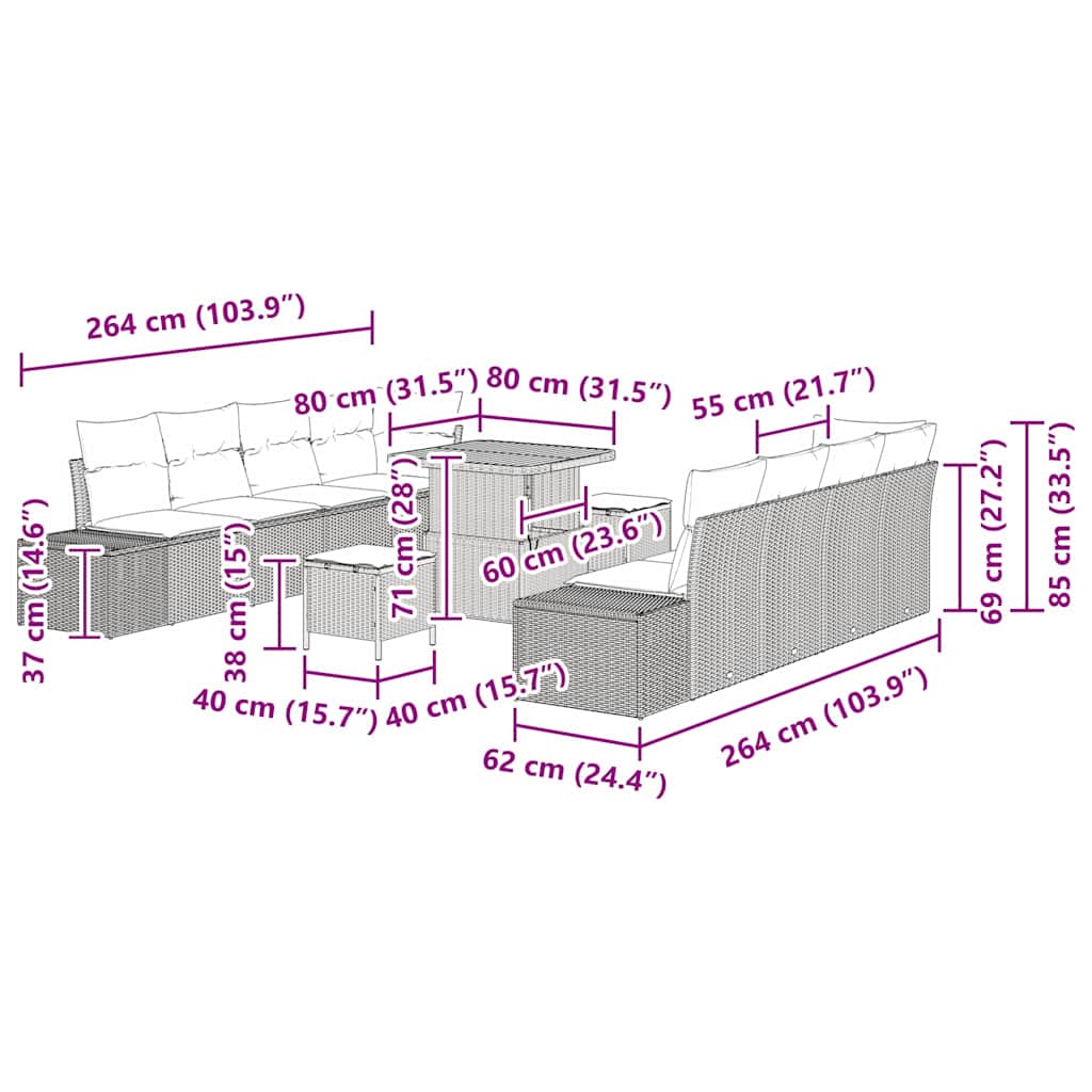 Gartensofa-set mit Kissen 11 pcs Schwarz Poly-Rattan