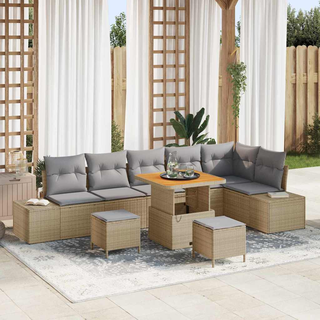 Gartensofa-set mit Kissen 9 pcs Beige Poly-Rattan