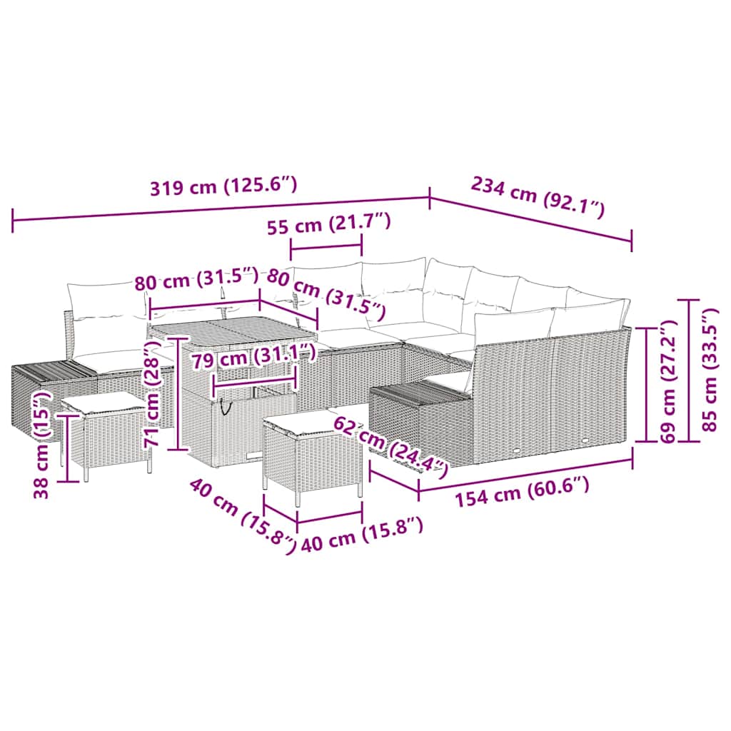 Gartensofa-set mit Kissen 12 pcs Schwarz Poly-Rattan