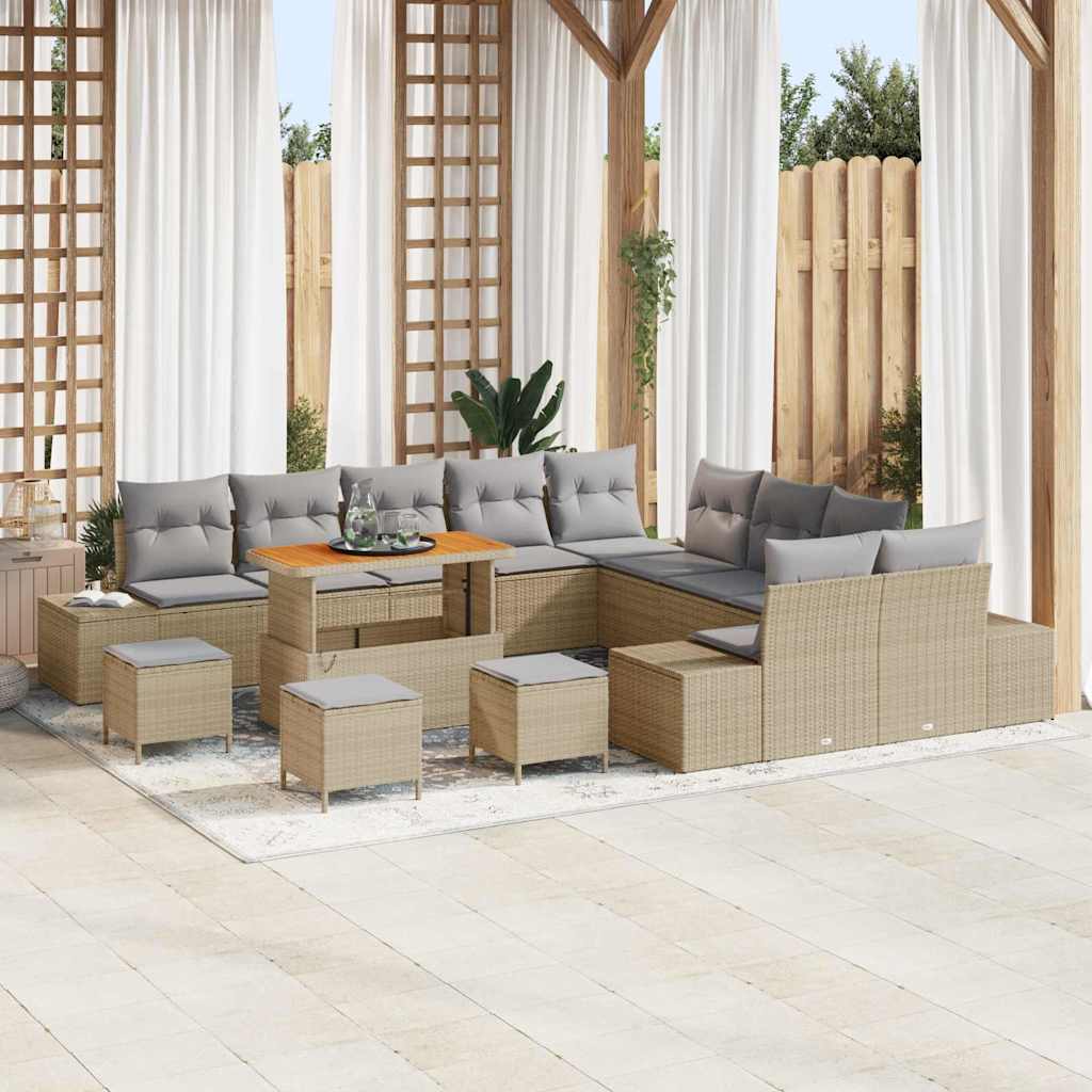 Gartensofa-set mit Kissen 14 pcs Beige Poly-Rattan