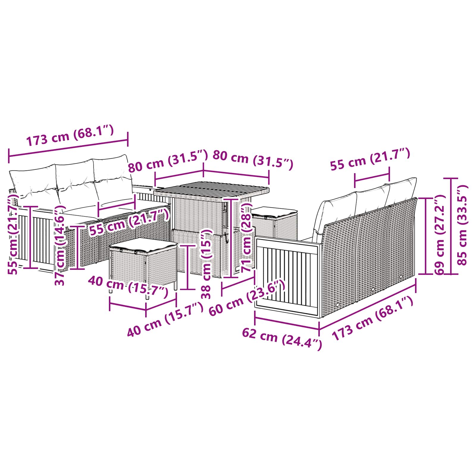 Gartensofa-set mit Kissen 9 pcs Grau