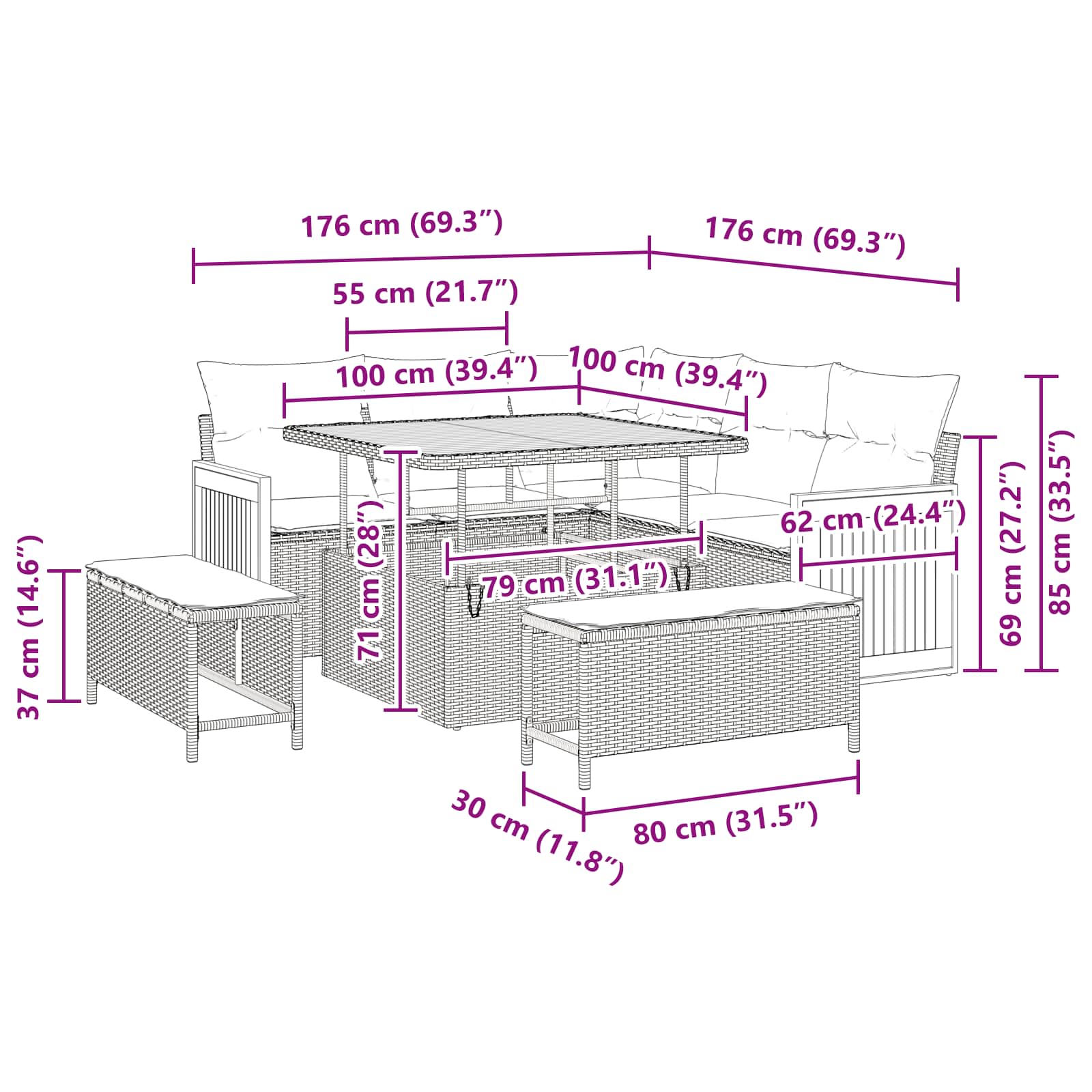 Gartensofa-set mit Kissen 8 pcs Beige und Hellgrau