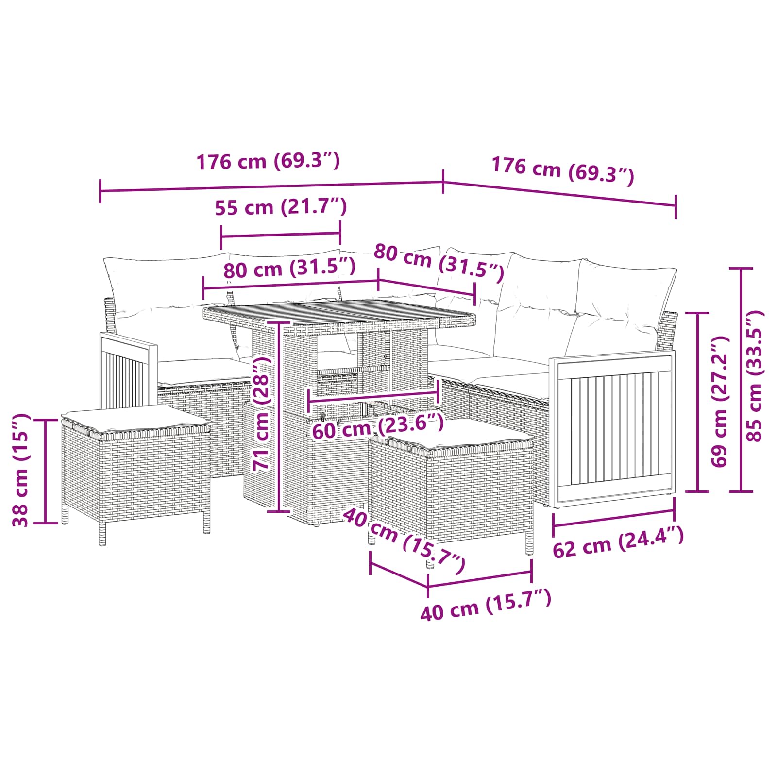 Gartensofa-set mit Kissen 8 pcs Schwarz