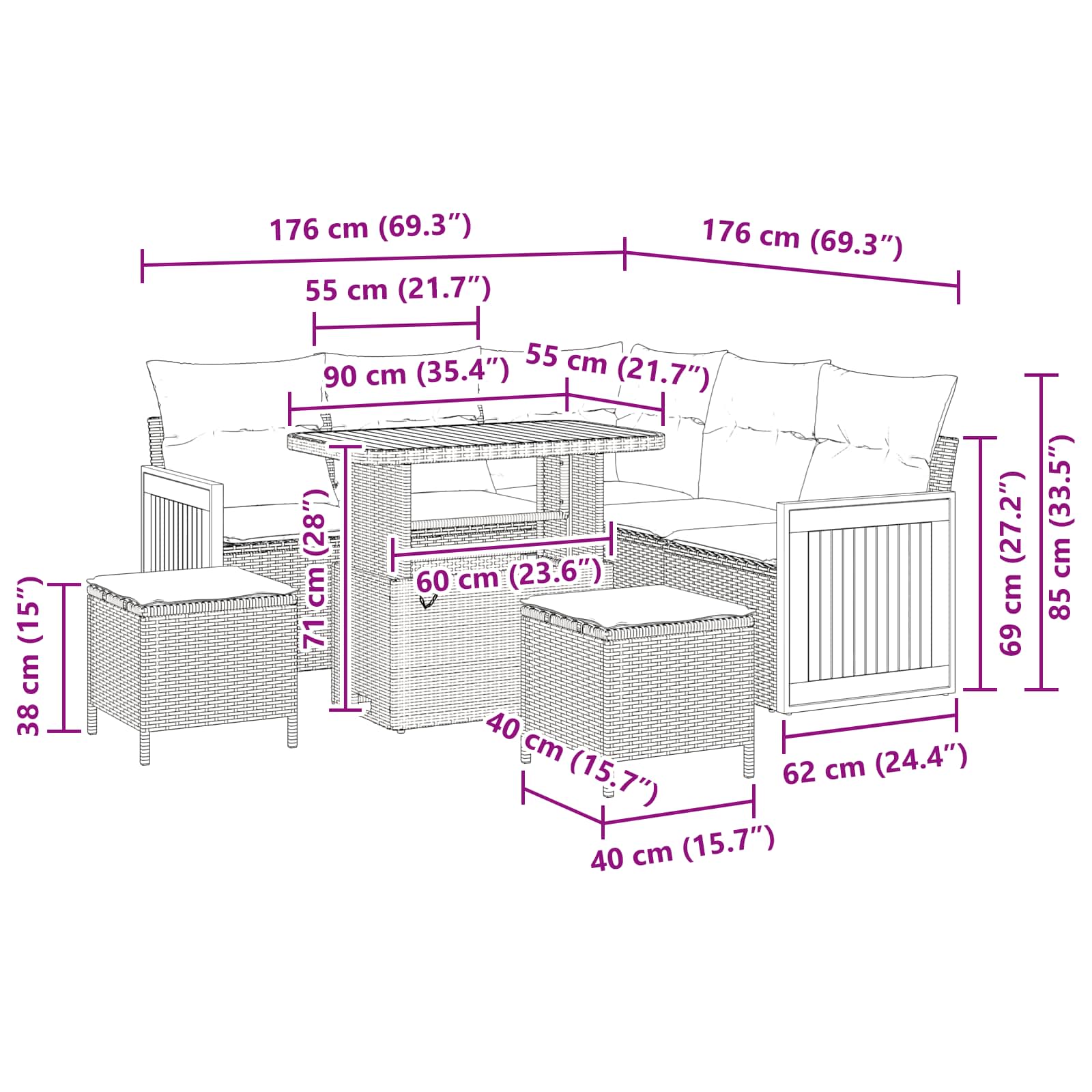 Gartensofa-set mit Kissen 8 pcs Grau