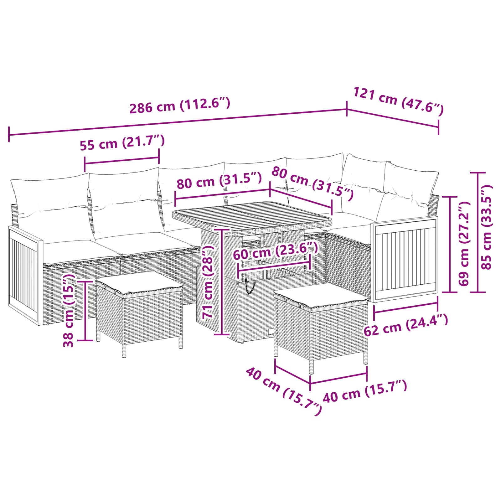 Gartensofa-set mit Kissen 9 pcs Grau