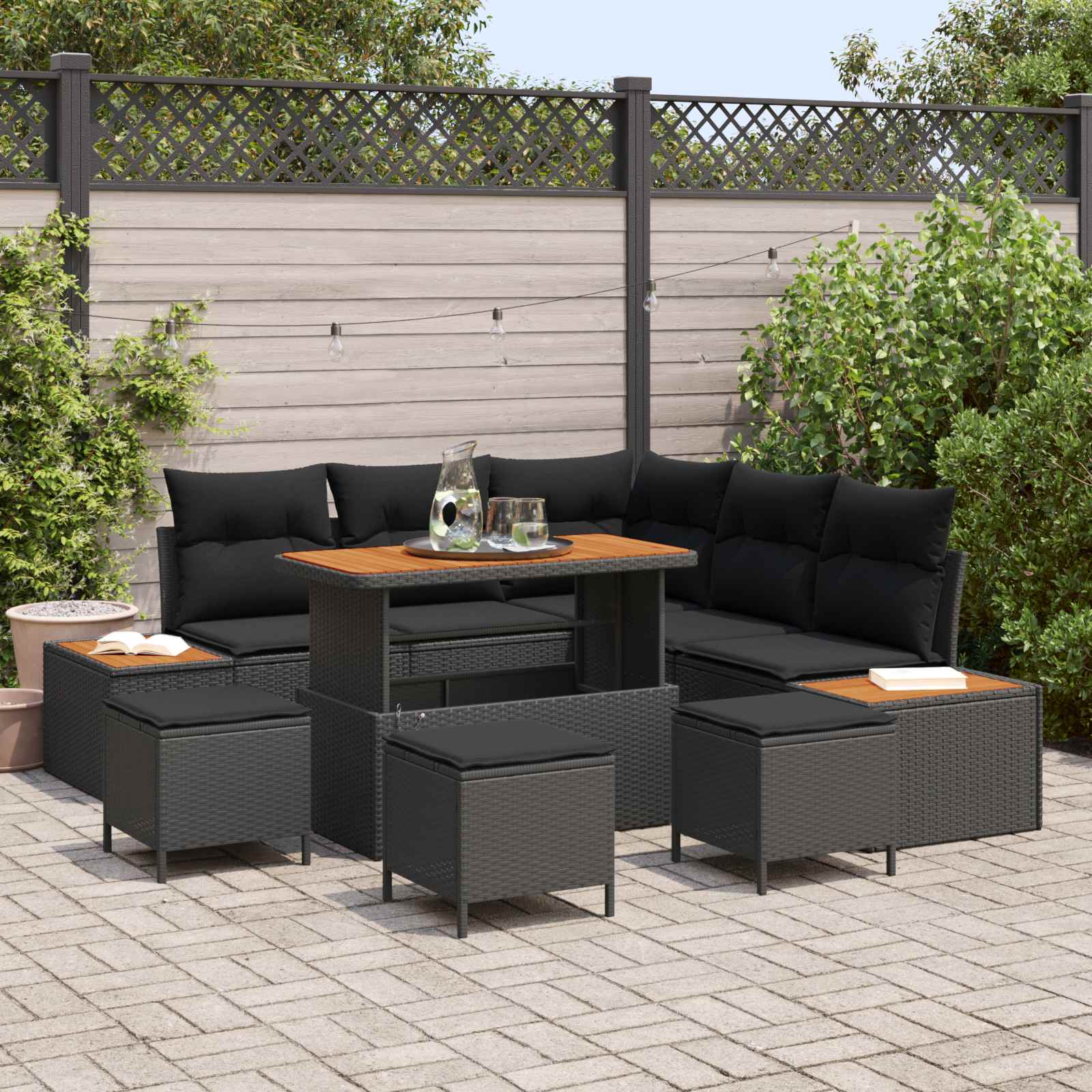 Gartensofa-set mit Kissen 9 pcs Schwarz