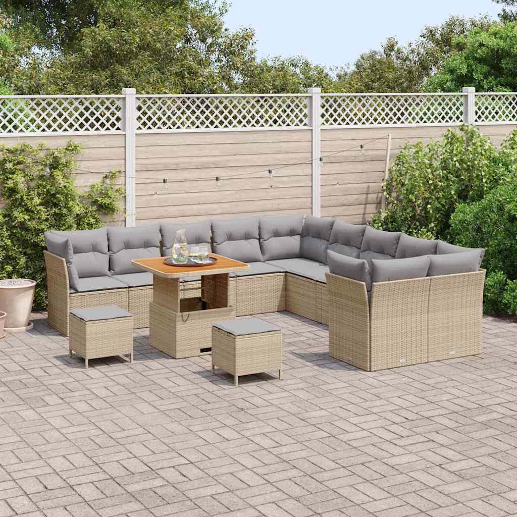 Gartensofa-set mit Kissen 13 pcs Beige und Hellgrau Poly-Rattan