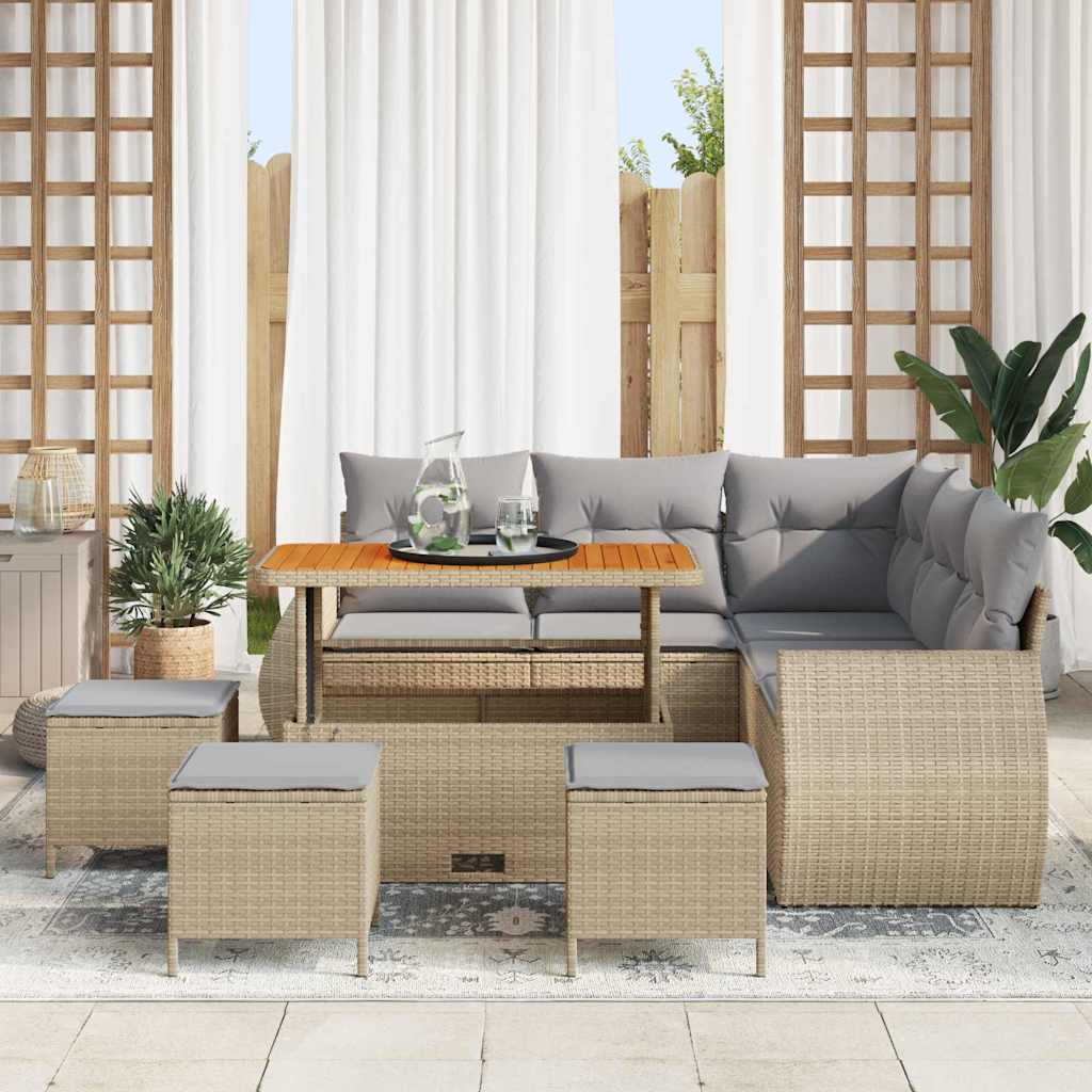 Gartensofa-set mit Kissen 9 pcs Beige und Hellgrau Poly-Rattan