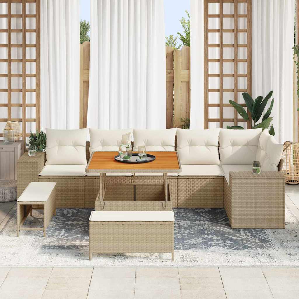 Gartensofa-set mit Kissen 9 pcs Beige und Creme Poly-Rattan