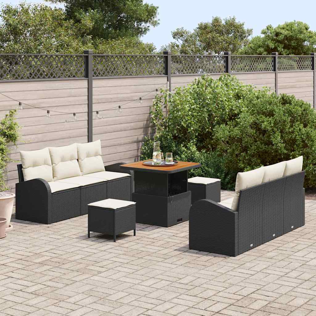 Garten-Sofa-Set mit Kissen mit Speicher 9 pcs Schwarz und Creme