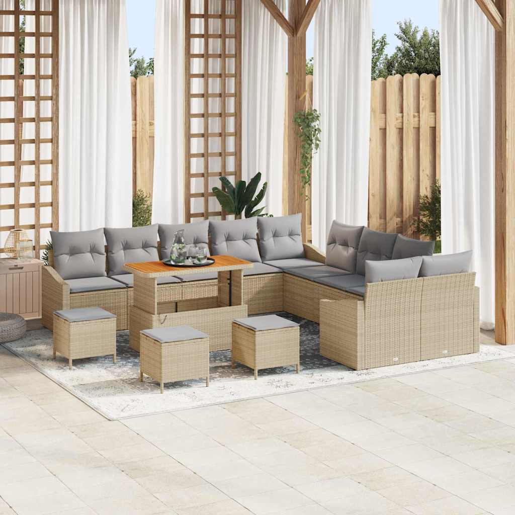 Gartensofa-set mit Kissen mit Speicher 13 pcs Beige Poly Rattan