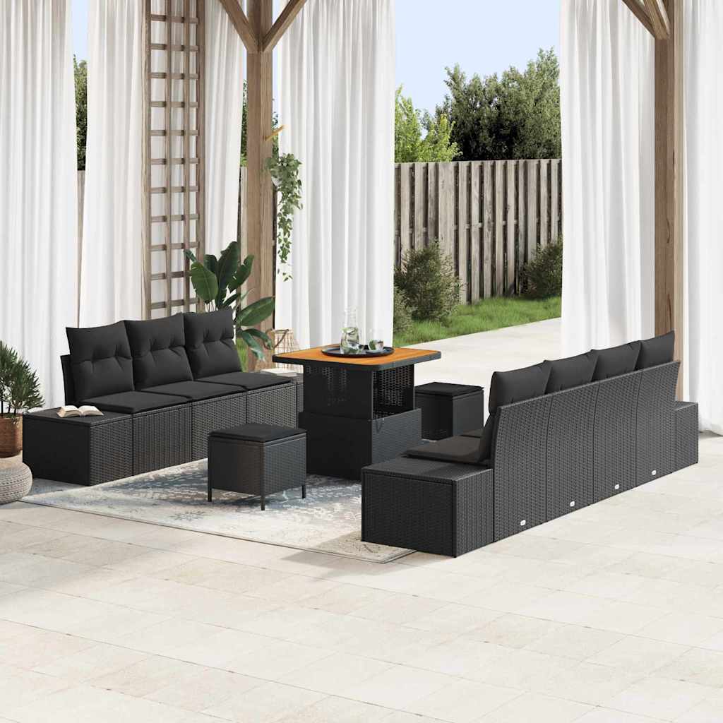 Gartensofa-set mit Kissen 10 pcs Schwarz Poly Rattan