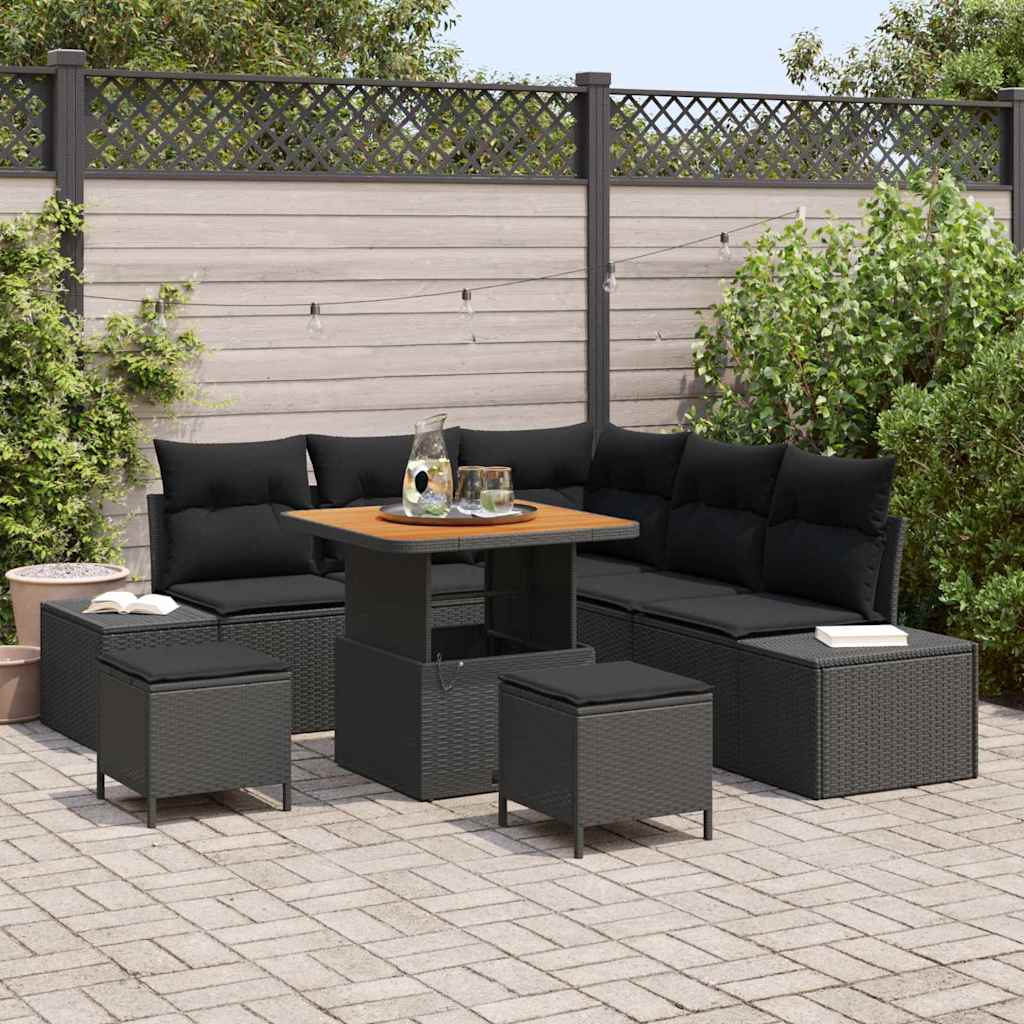 Gartensofa-set mit Kissen 8 pcs Schwarz Poly Rattan