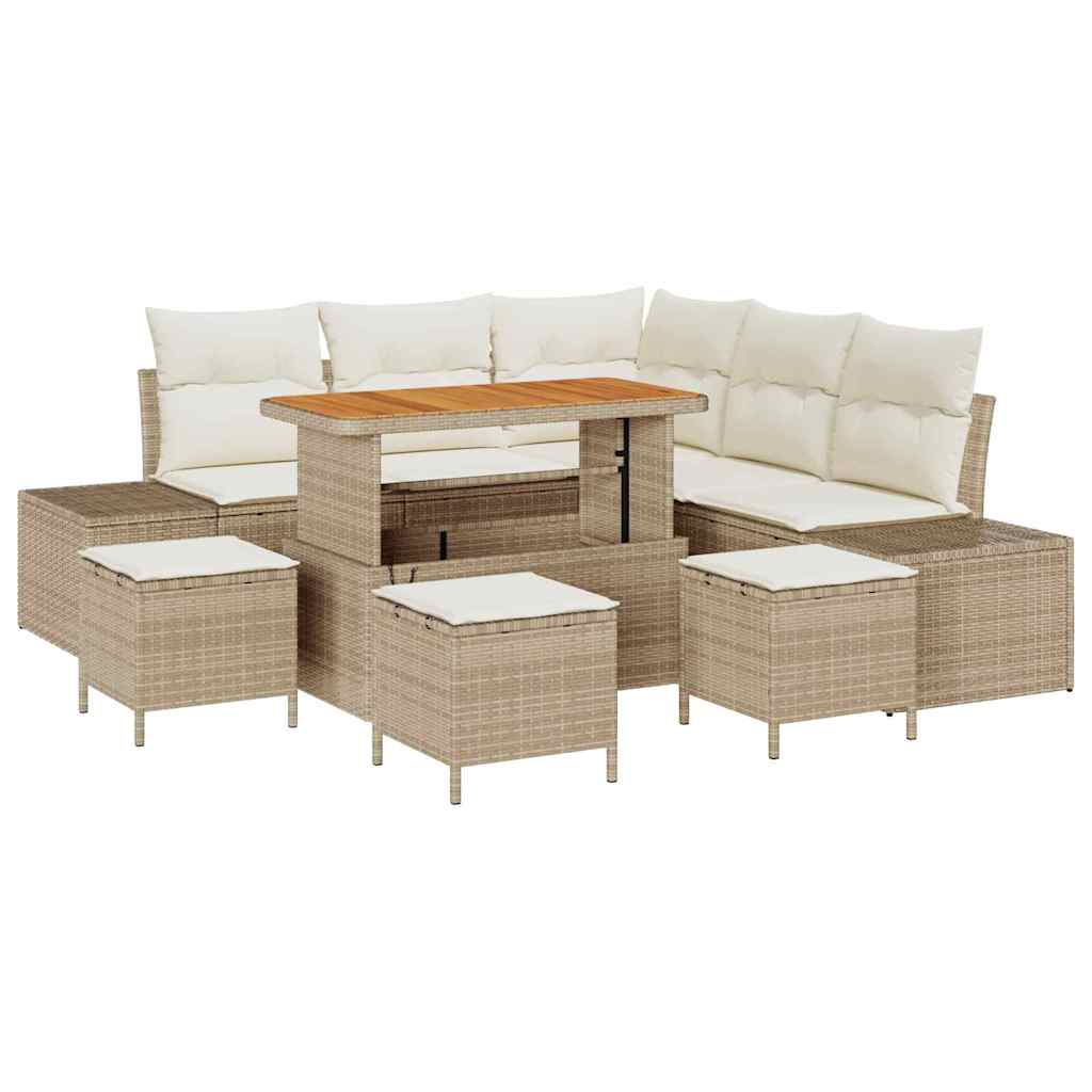 Gartensofa-set mit Kissen mit Speicher 9 pcs Beige Poly Rattan