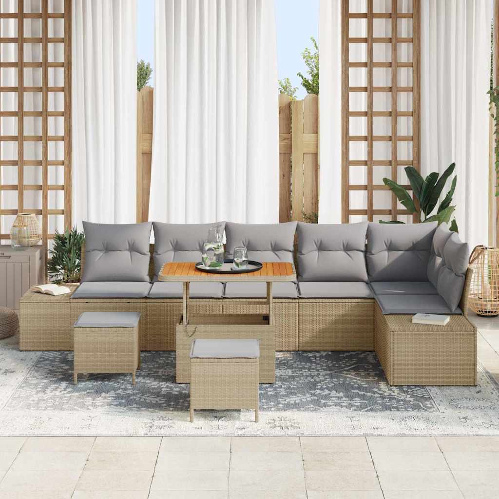 Gartensofa-set mit Kissen mit Speicher 9 pcs Beige Poly Rattan