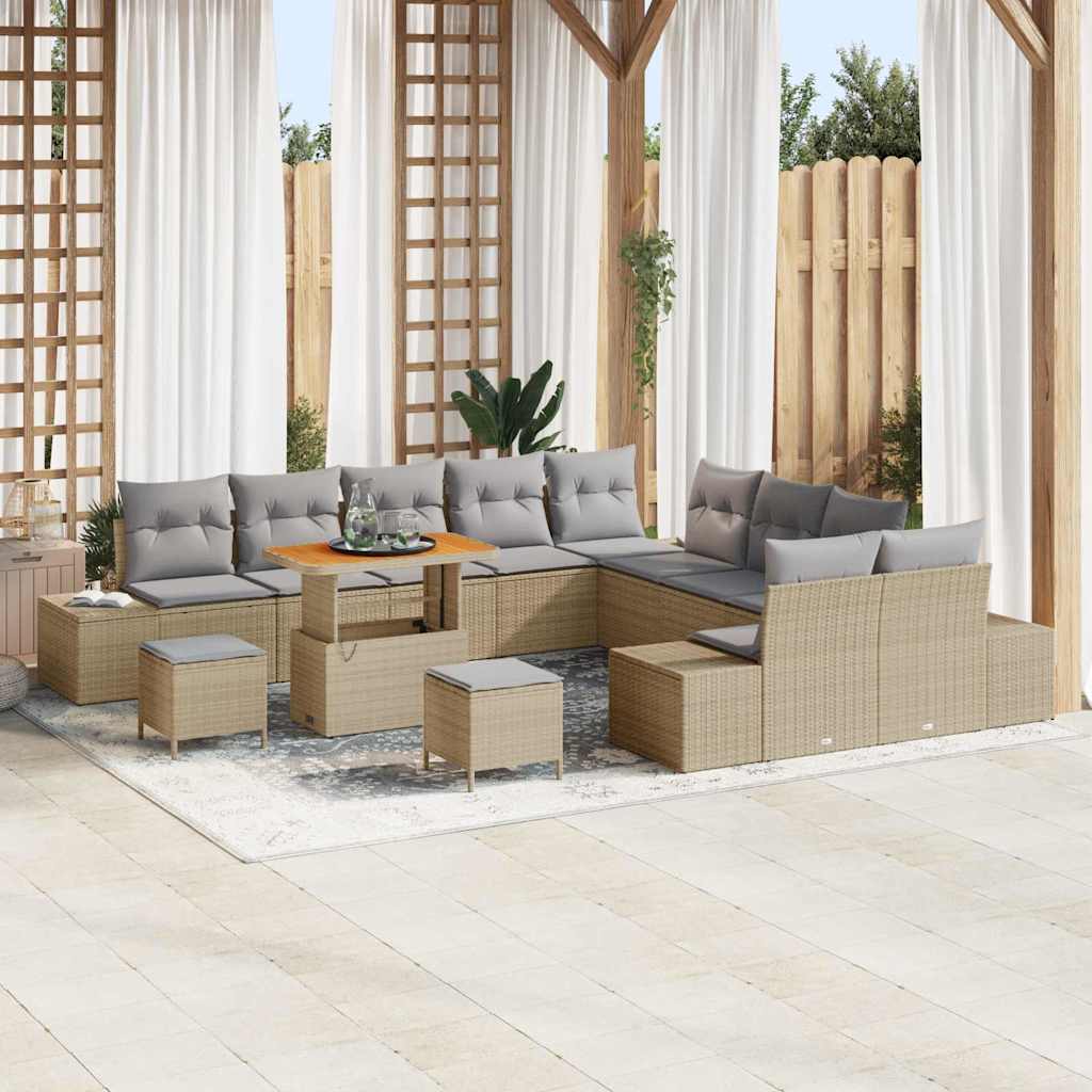 Gartensofa-set mit Kissen mit Speicher 13 pcs Beige Poly Rattan
