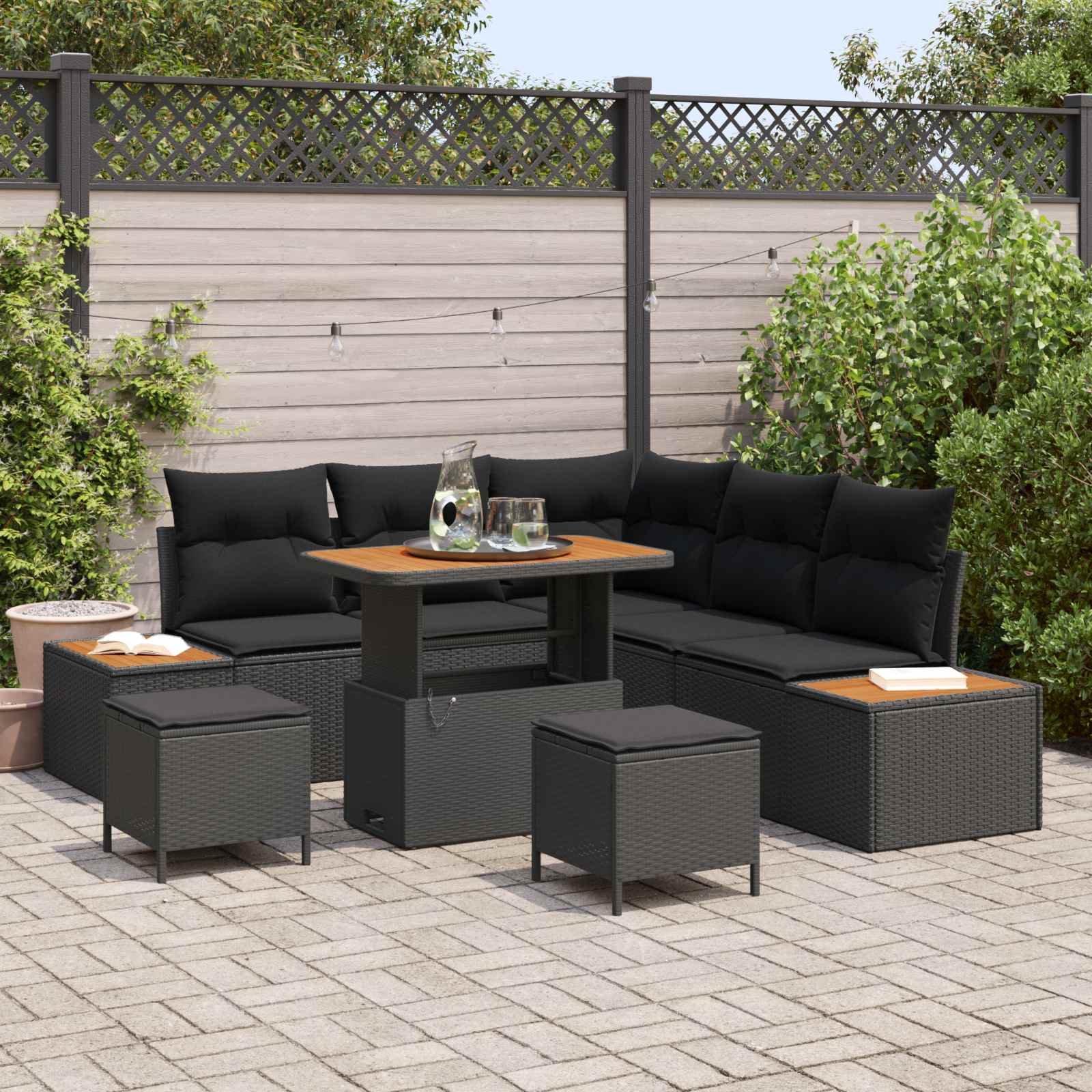 Gartensofa-set mit Kissen 8 pcs Schwarz Poly Rattan