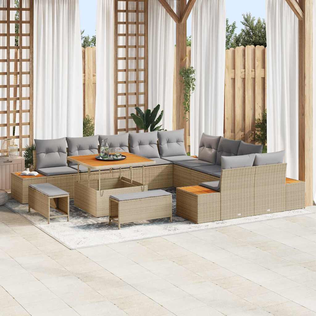 Gartensofa-set mit Kissen mit Speicher 13 pcs Beige Poly Rattan