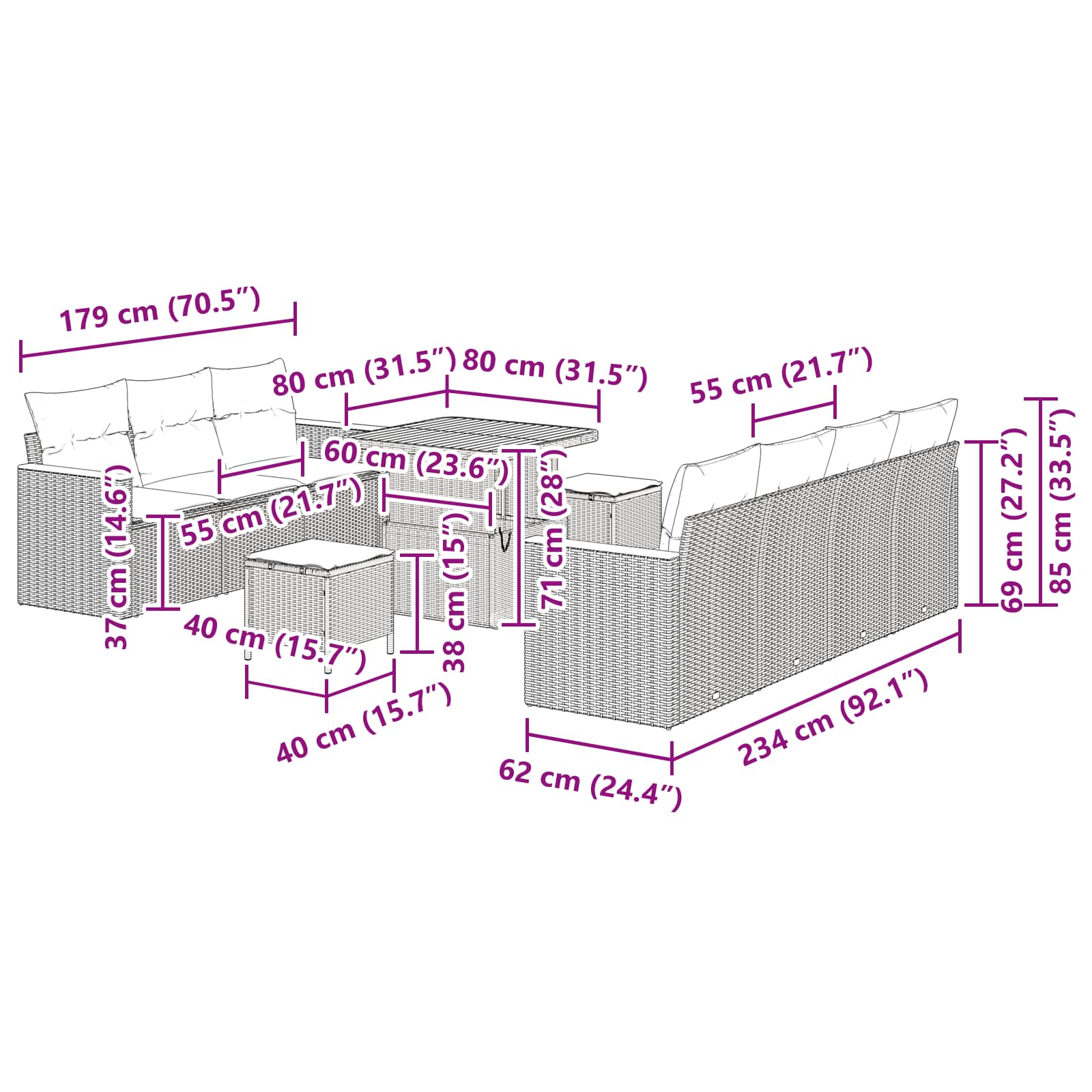 Gartensofa-set mit Kissen 14 pcs Schwarz Poly-Rattan