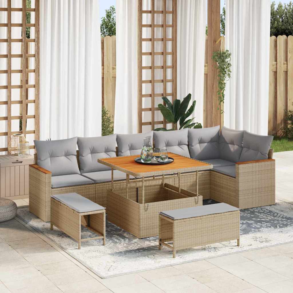Gartensofa-set mit Kissen 9 pcs Beige Poly Rattan