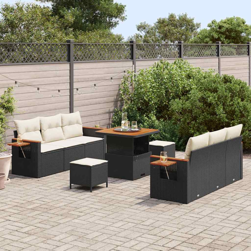 Gartensofa-set mit Kissen 11 pcs Schwarz und Creme Poly-Rattan