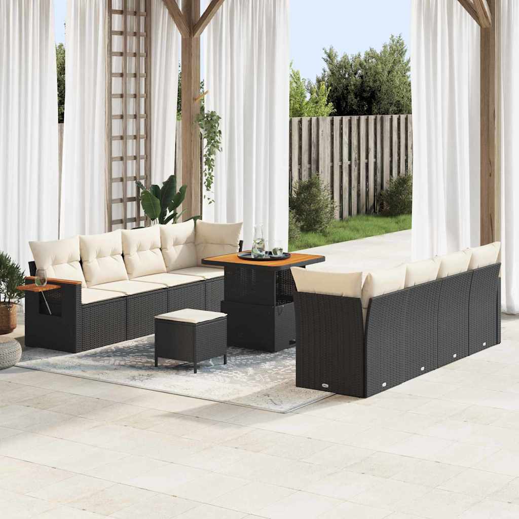 Gartensofa-set mit Kissen 12 pcs Schwarz und Creme Poly-Rattan
