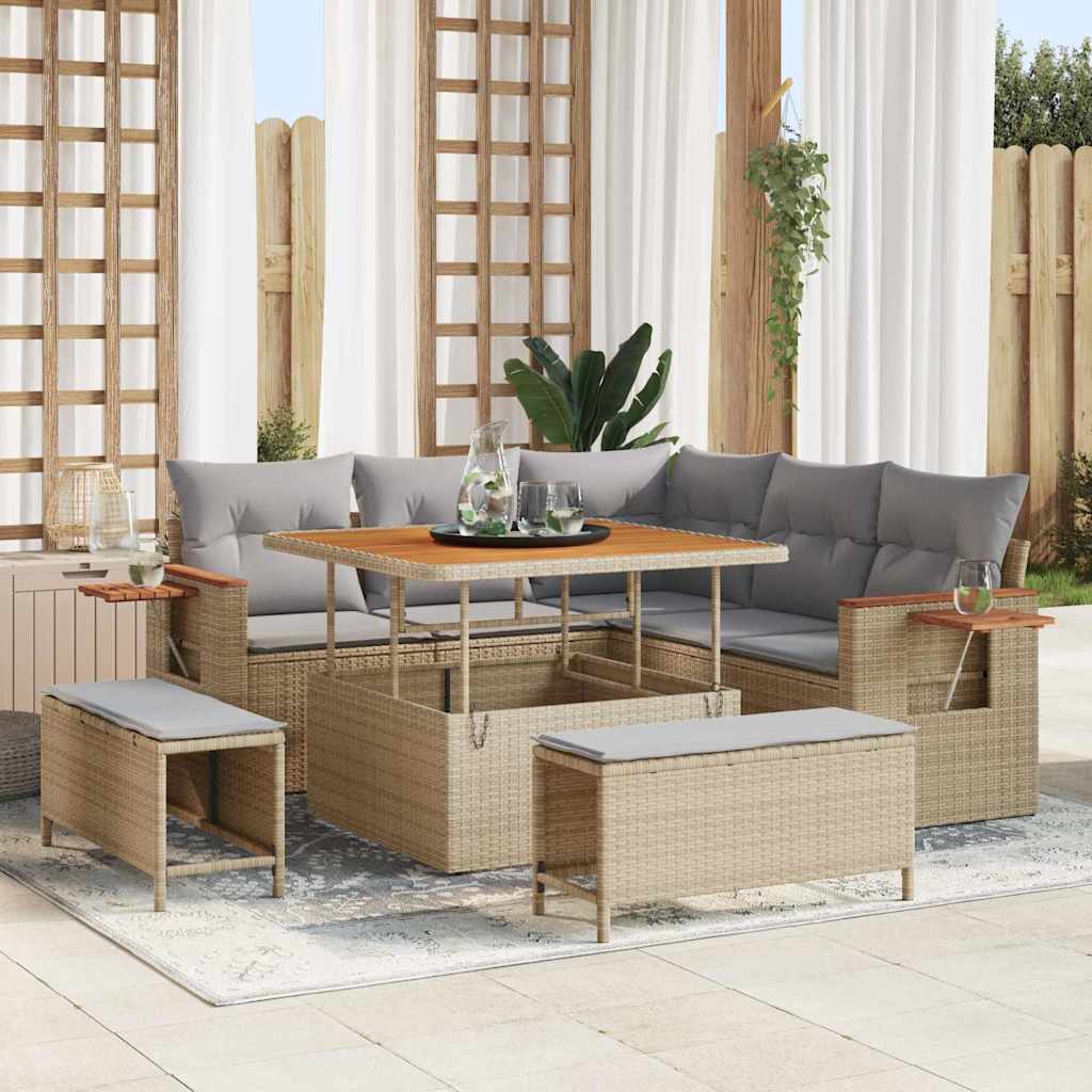 Gartensofa-set mit Kissen 9 pcs Beige und Hellgrau Poly-Rattan
