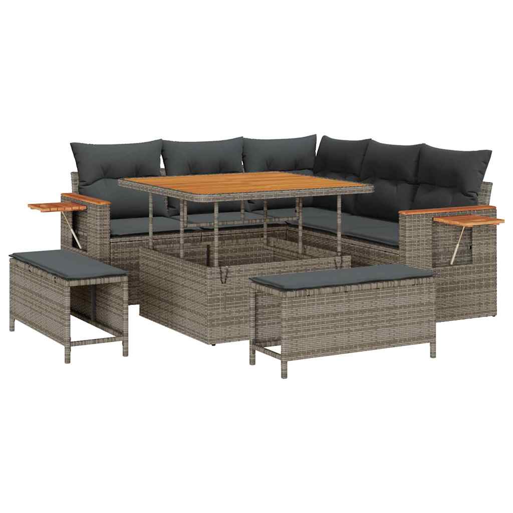 Gartensofa-set mit Kissen 9 pcs Grau Poly-Rattan