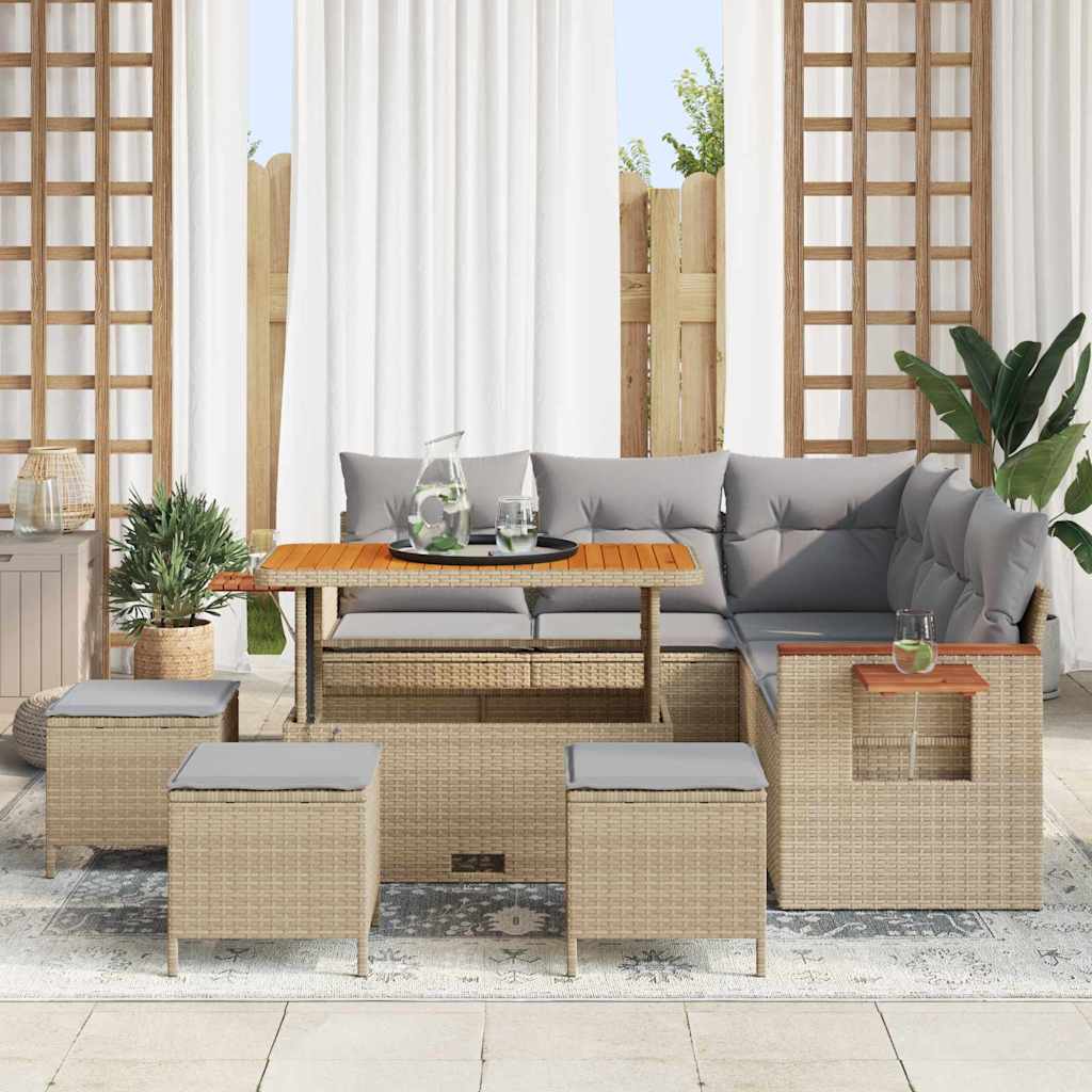 Gartensofa-set mit Kissen 10 pcs Beige und Hellgrau Poly-Rattan