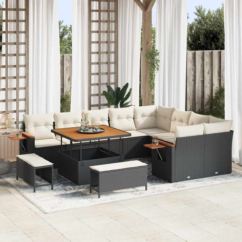 Gartensofa-set mit Kissen 13 pcs Schwarz und Creme Poly-Rattan
