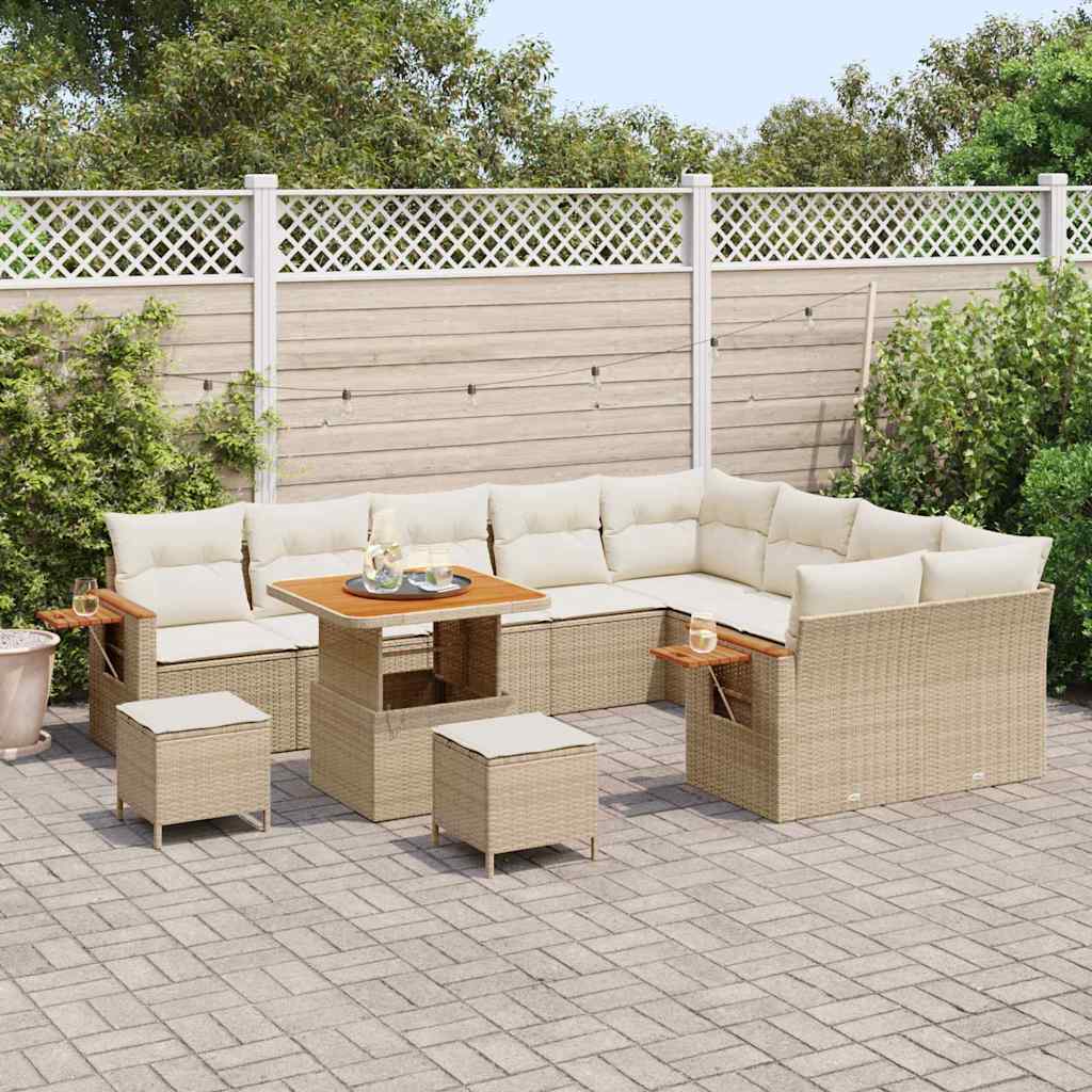 Gartensofa-set mit Kissen 13 pcs Beige und Creme Poly-Rattan