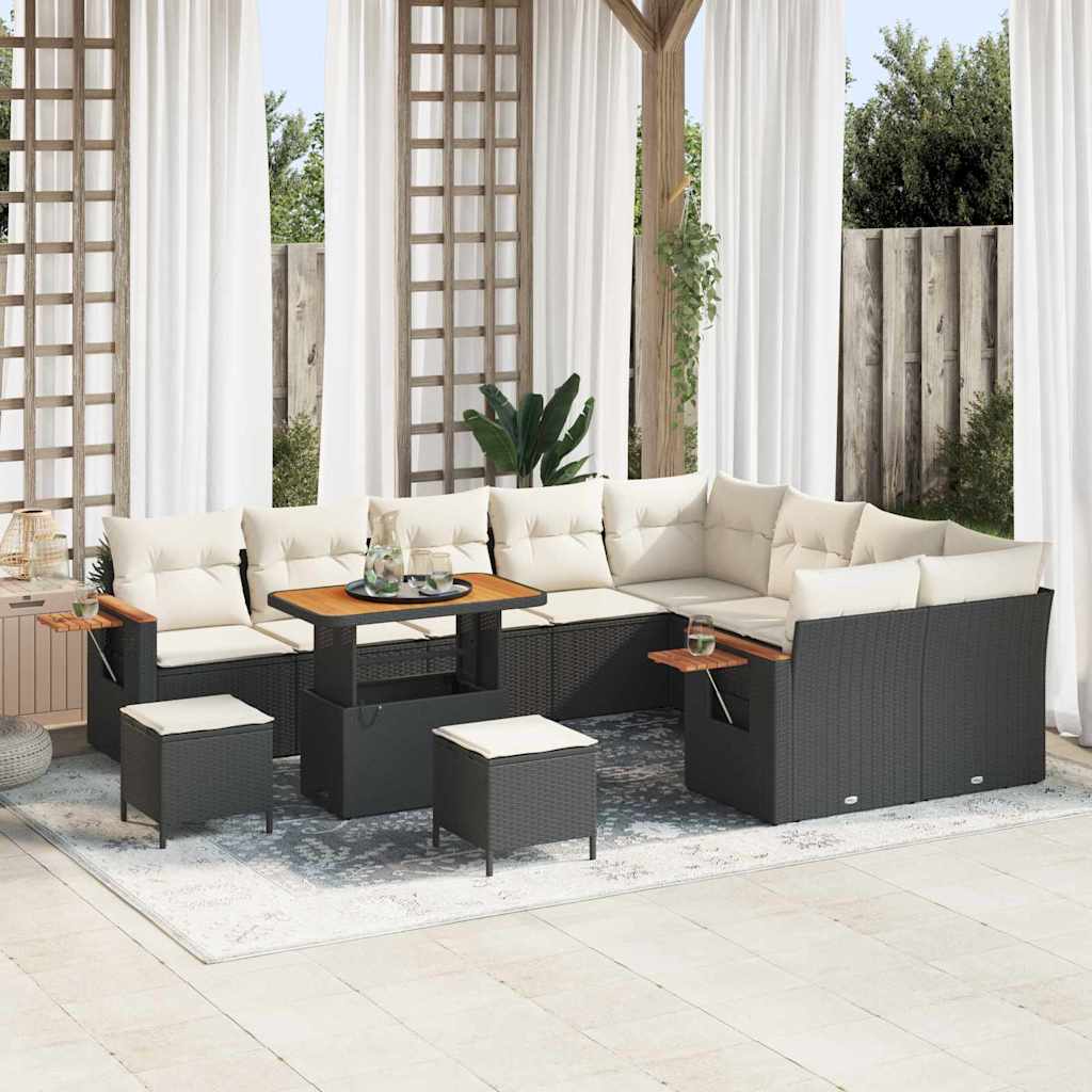 Gartensofa-set mit Kissen 13 pcs Schwarz und Creme Poly-Rattan