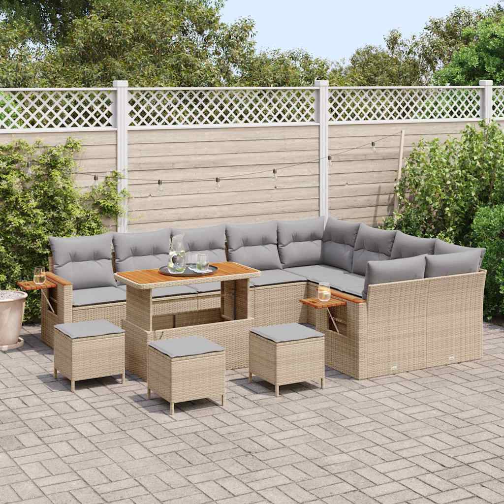Gartensofa-set mit Kissen 14 pcs Beige und Hellgrau Poly-Rattan